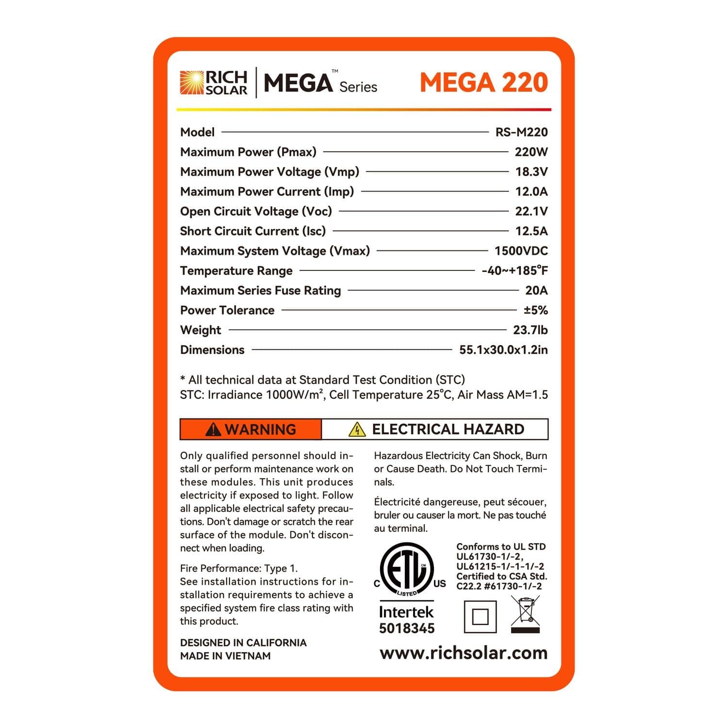 Rich Solar MEGA 220 Watt Solar Panel specifications