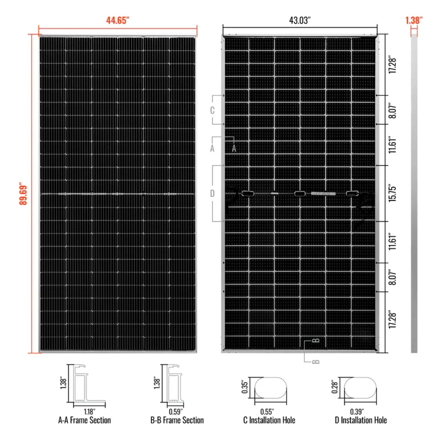 Rich Solar MEGA 550 Watt Bifacial Solar Panel dimension
