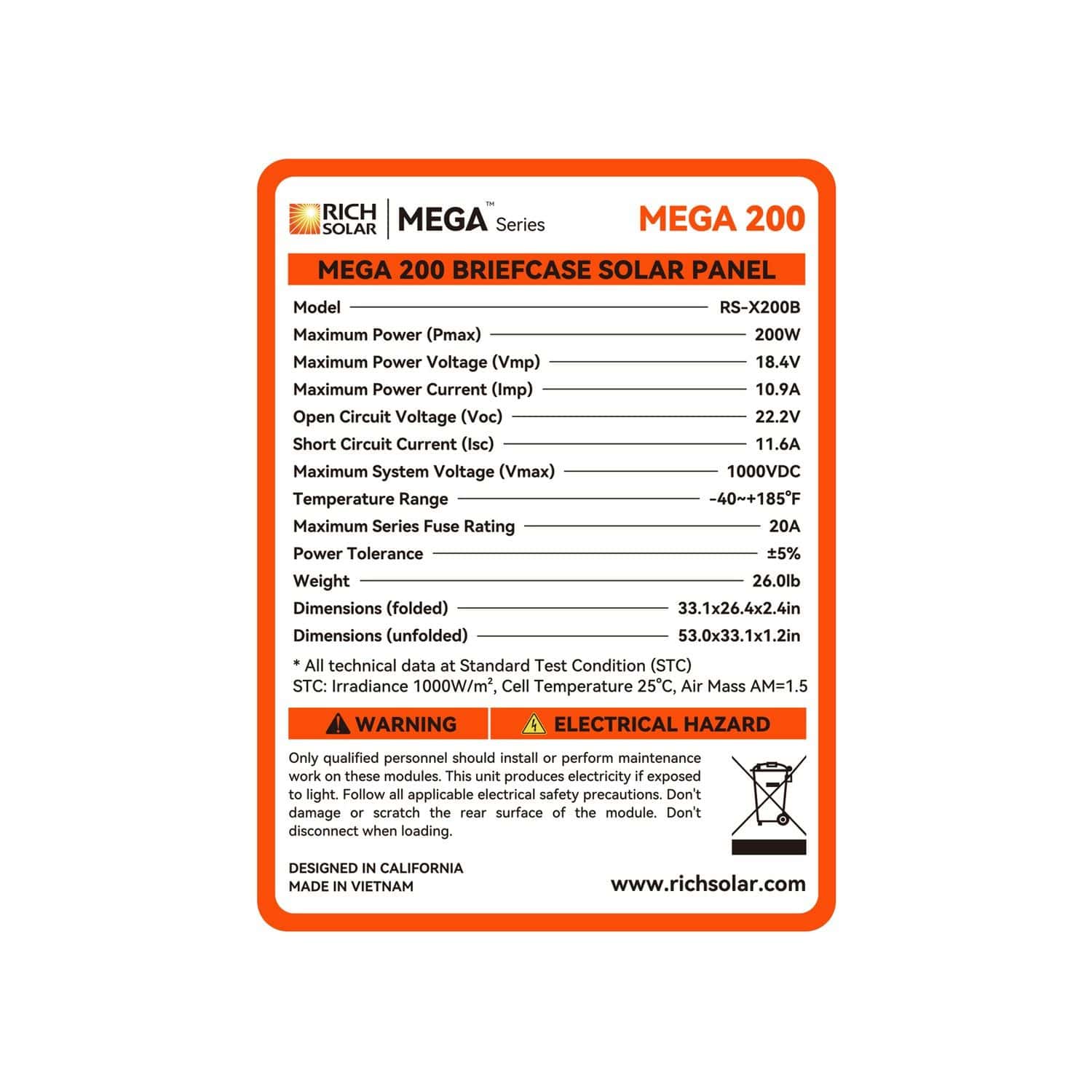 Rich Solar Mega 200W Portable Solar Panel Briefcase Lock Specifications 