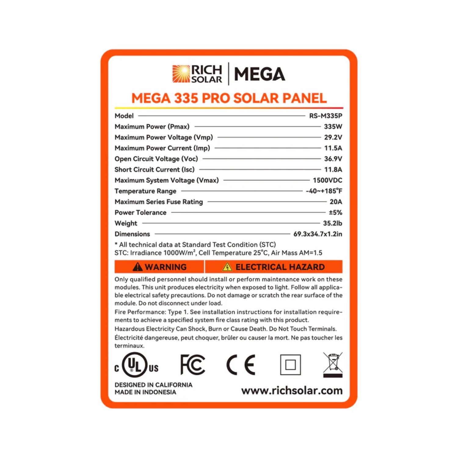 Rich Solar Mega 335 Pro solar panel label with specifications and certifications on a white background