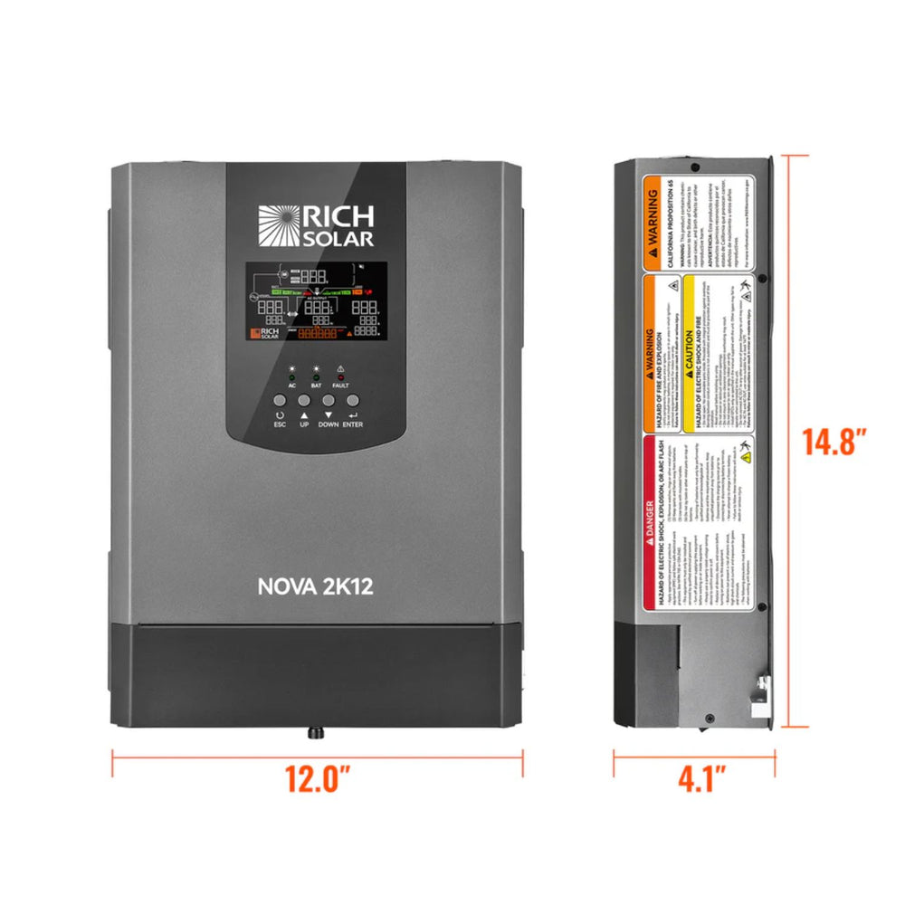 Rich Solar NOVA 2K12 inverter with dimensions on a white background