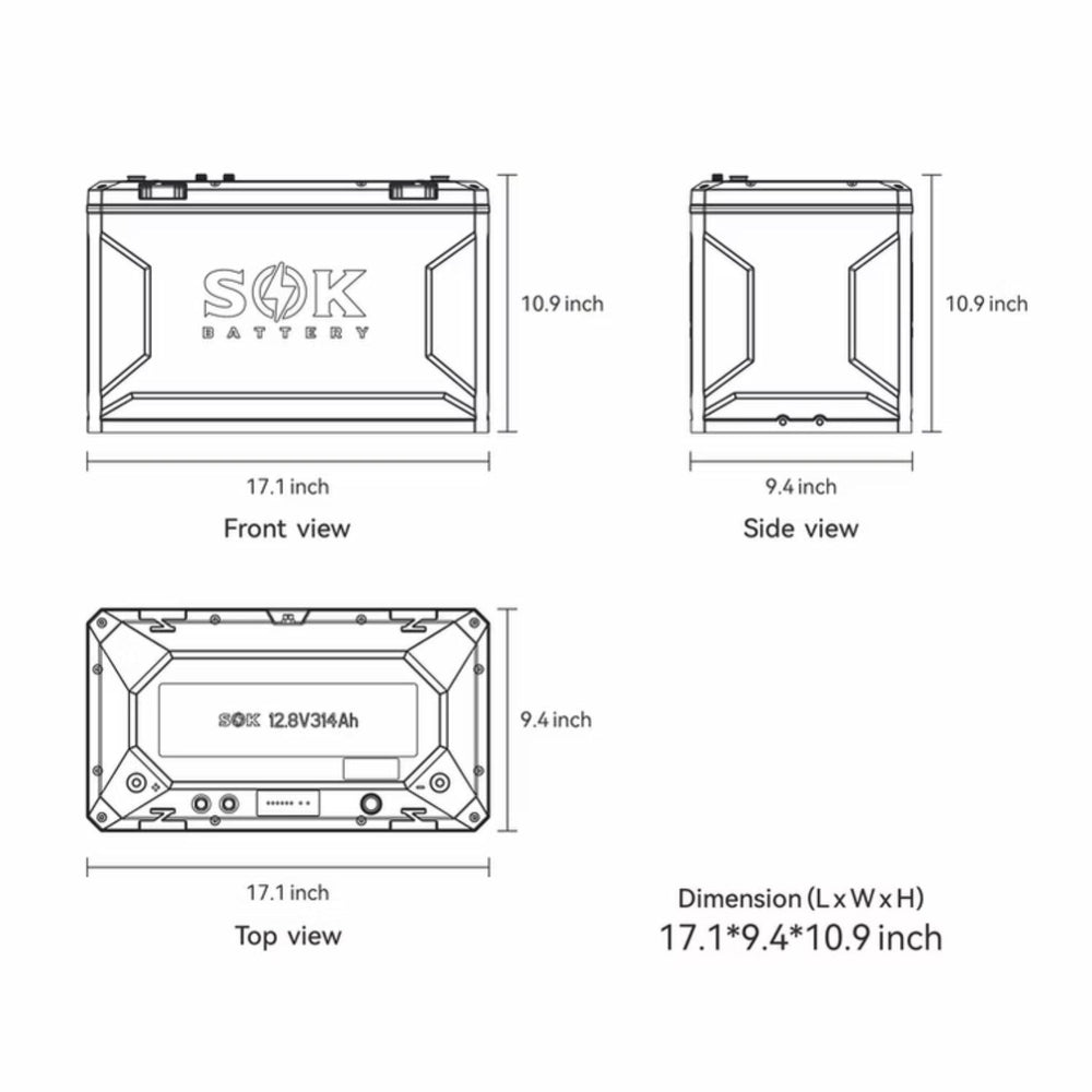 SOK 12V314Ah Battery, Built-in heater & Bluetooth,Victron CAN Comms SK12V314PH dimensions