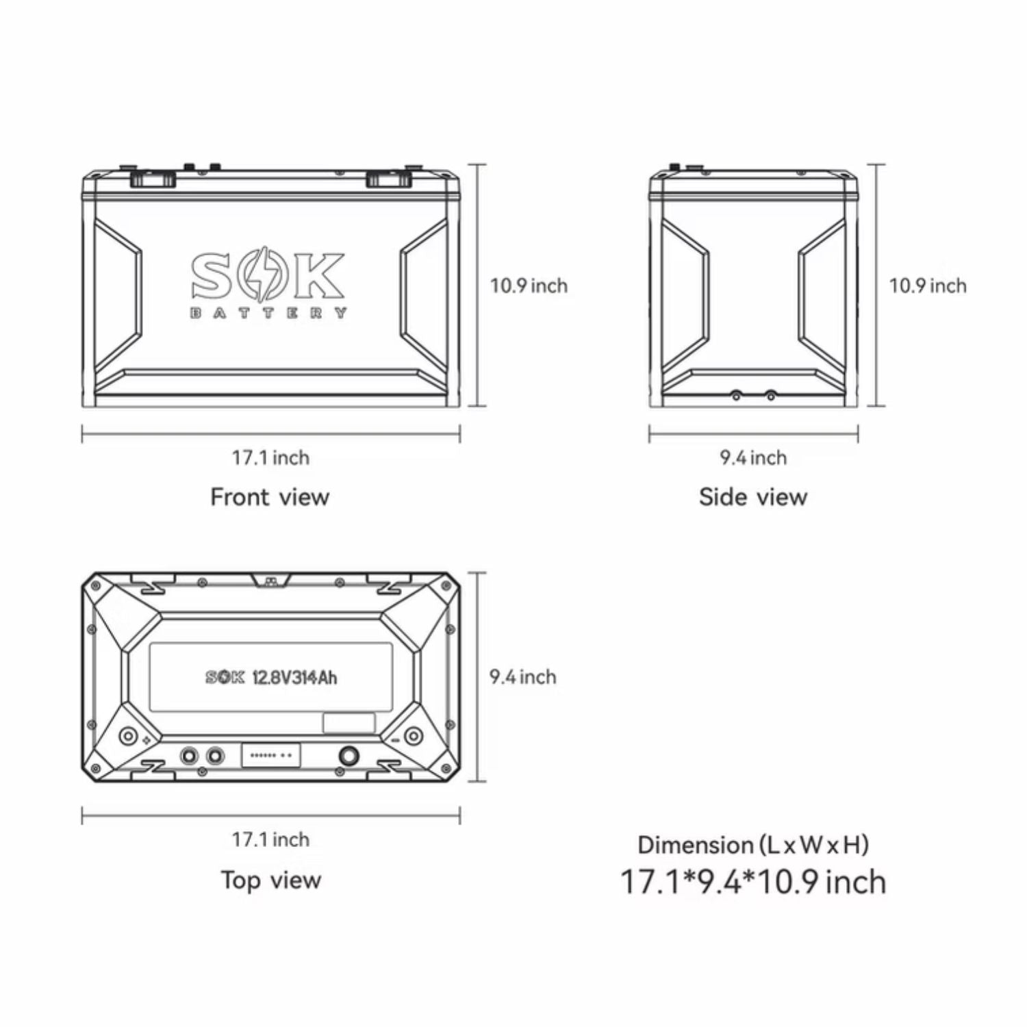 SOK 12V314Ah Battery, Built-in heater & Bluetooth,Victron CAN Comms SK12V314PH dimensions