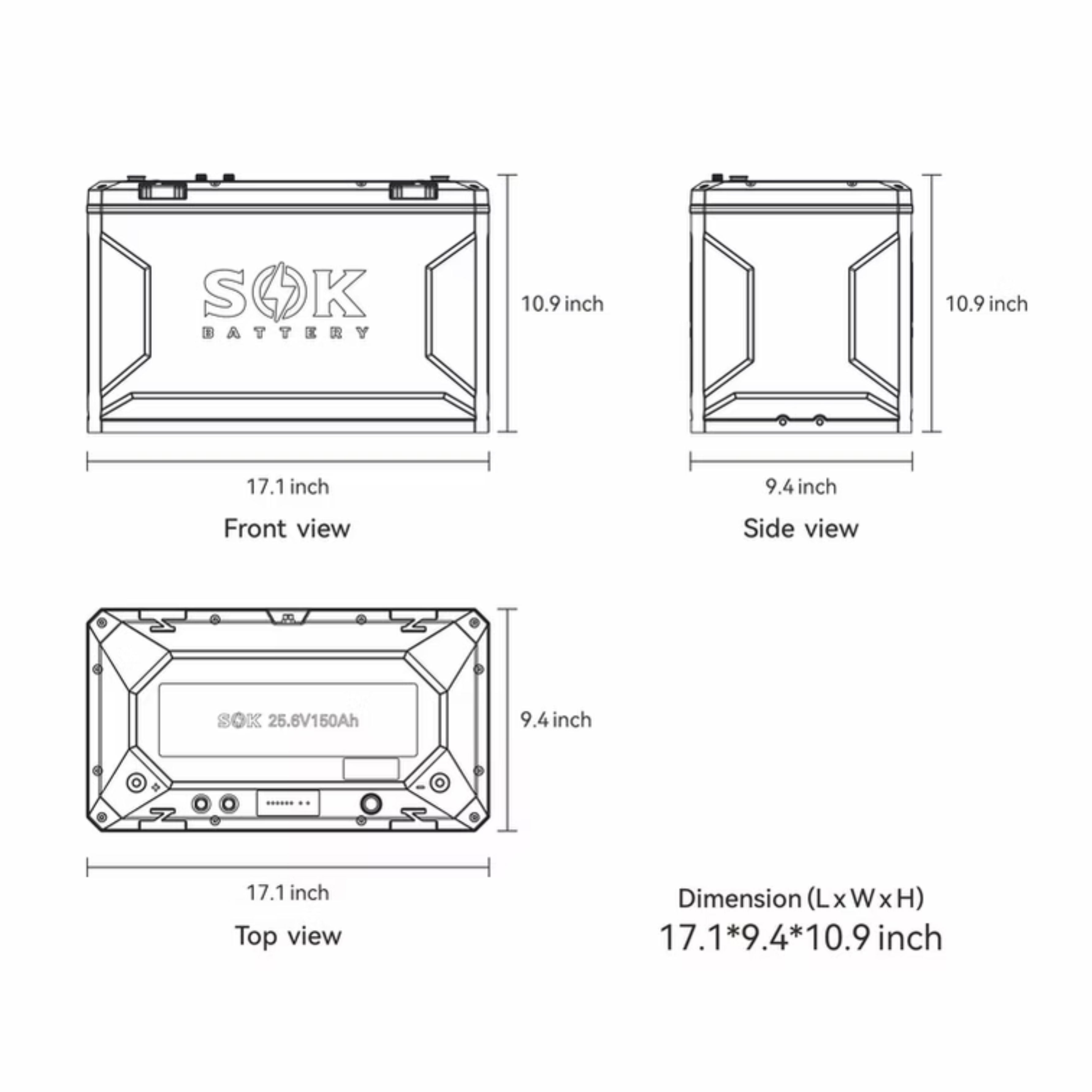 SOK 24V150Ah Battery,Built-in heater & Bluetooth,Victron CAN Comms SK24V150PH Front, Top, and Side view with dimension