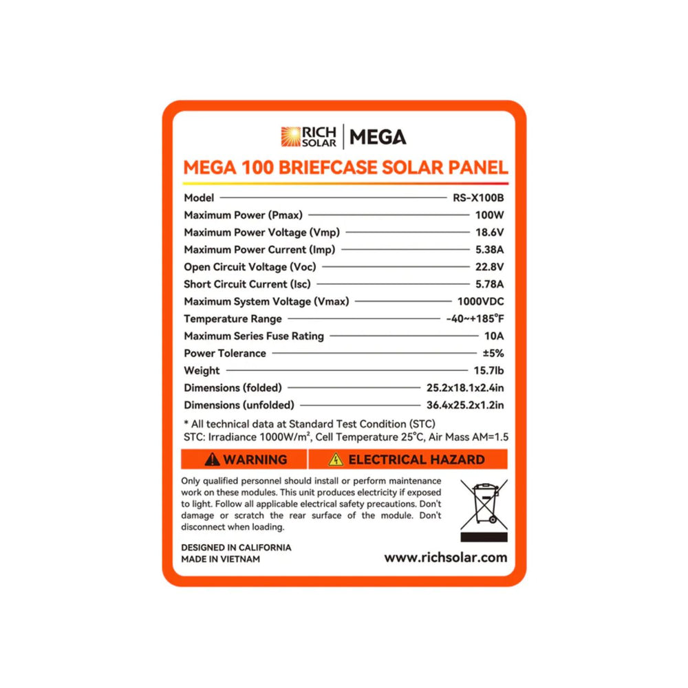 Specifications label on Rich Solar MEGA 100W Portable Solar Panel Briefcase