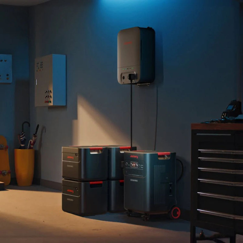 Stack of storage containers in a room with a wall-mounted device connected using Jackery Power Input/Output Cable