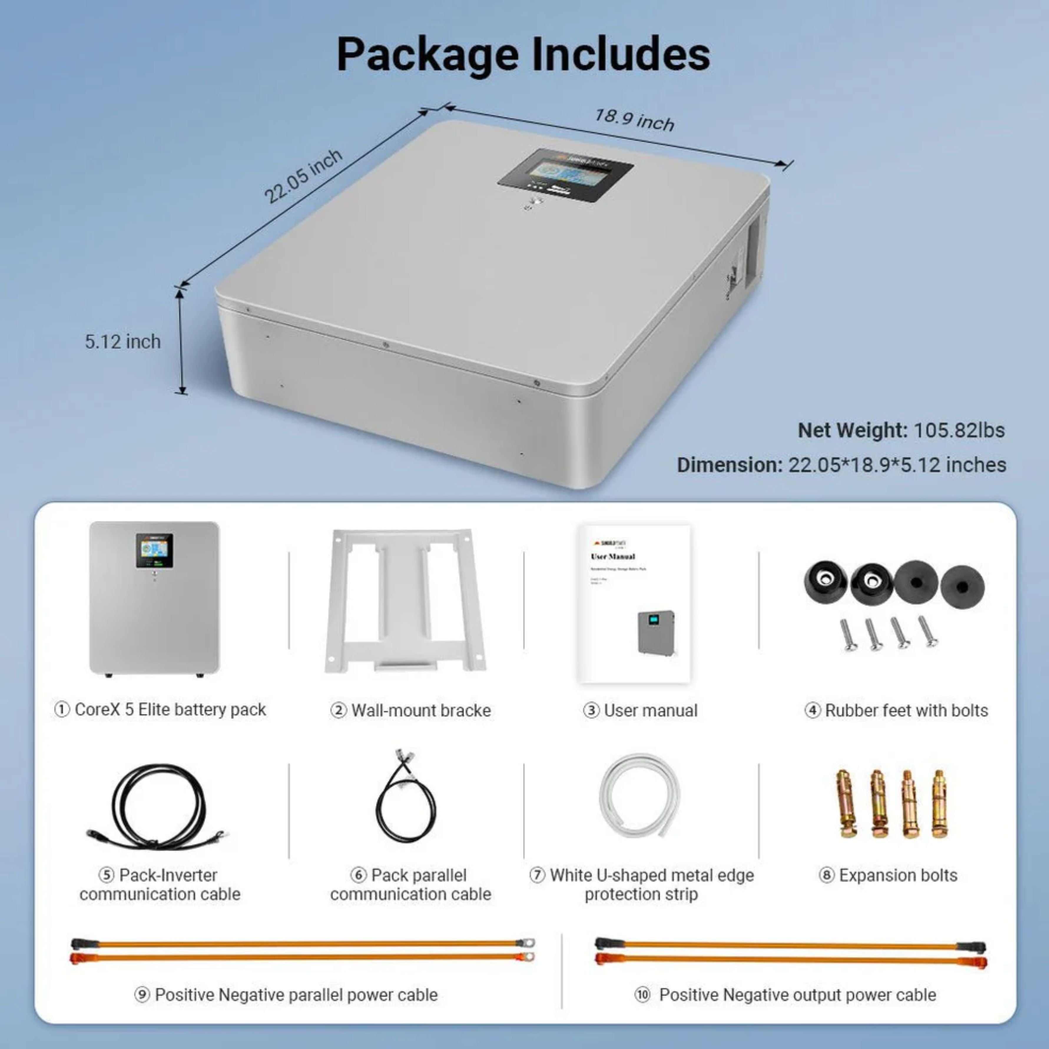 SunGold CoreX 5 Elite Wall Mounted 48V 100AH Residential Energy Storage Battery Pack - dimensions