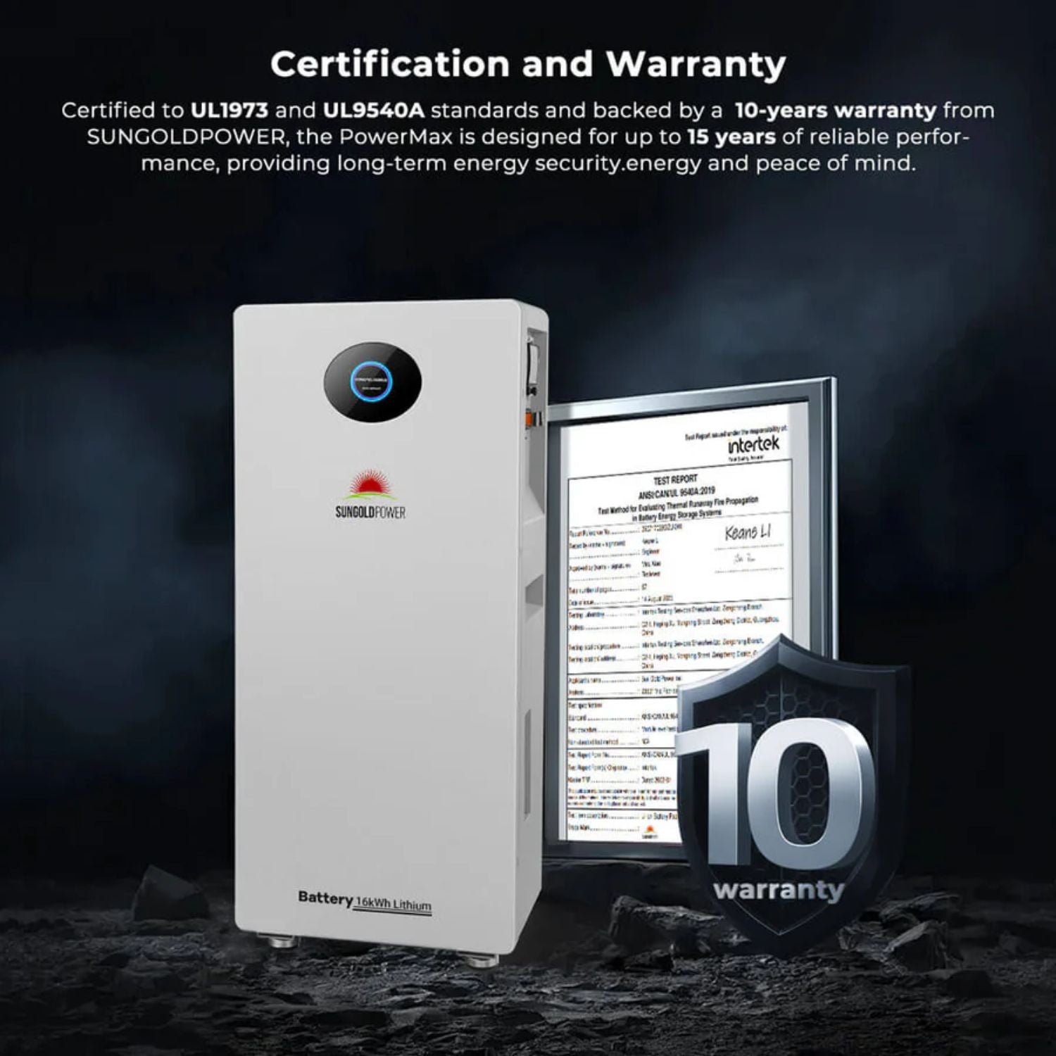 SunGold PowerMax Energy Storage Battery system with certification and warranty information on a dark background