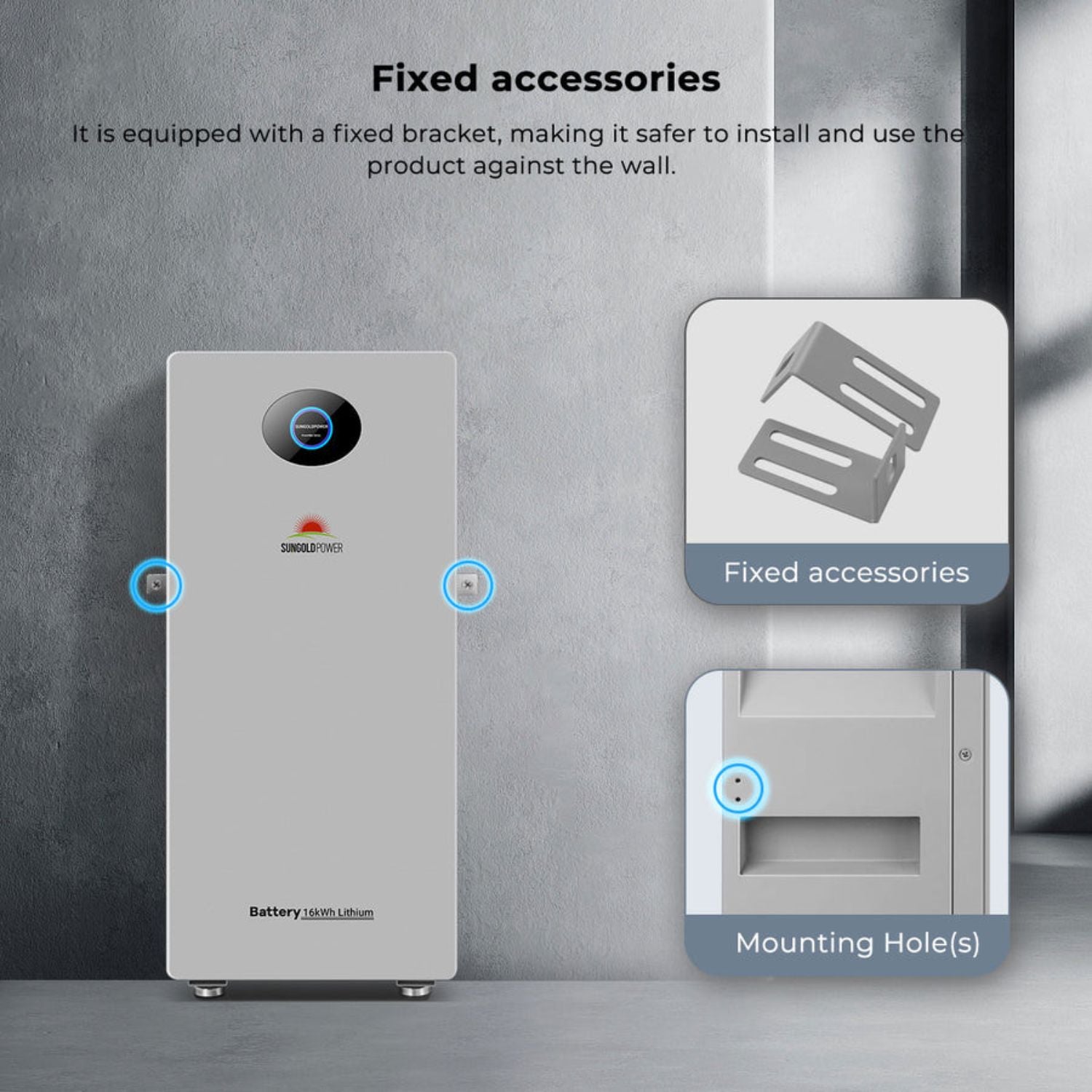 SunGold PowerMax Energy Storage Battery with fixed bracket and mounting holes on a gray background