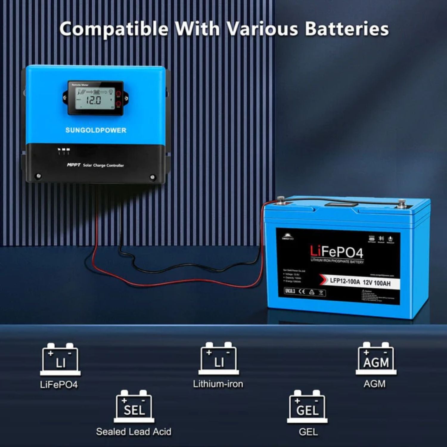 SunGold Power 100 Amp MPPT Solar Charge Controller compatible with various batteries