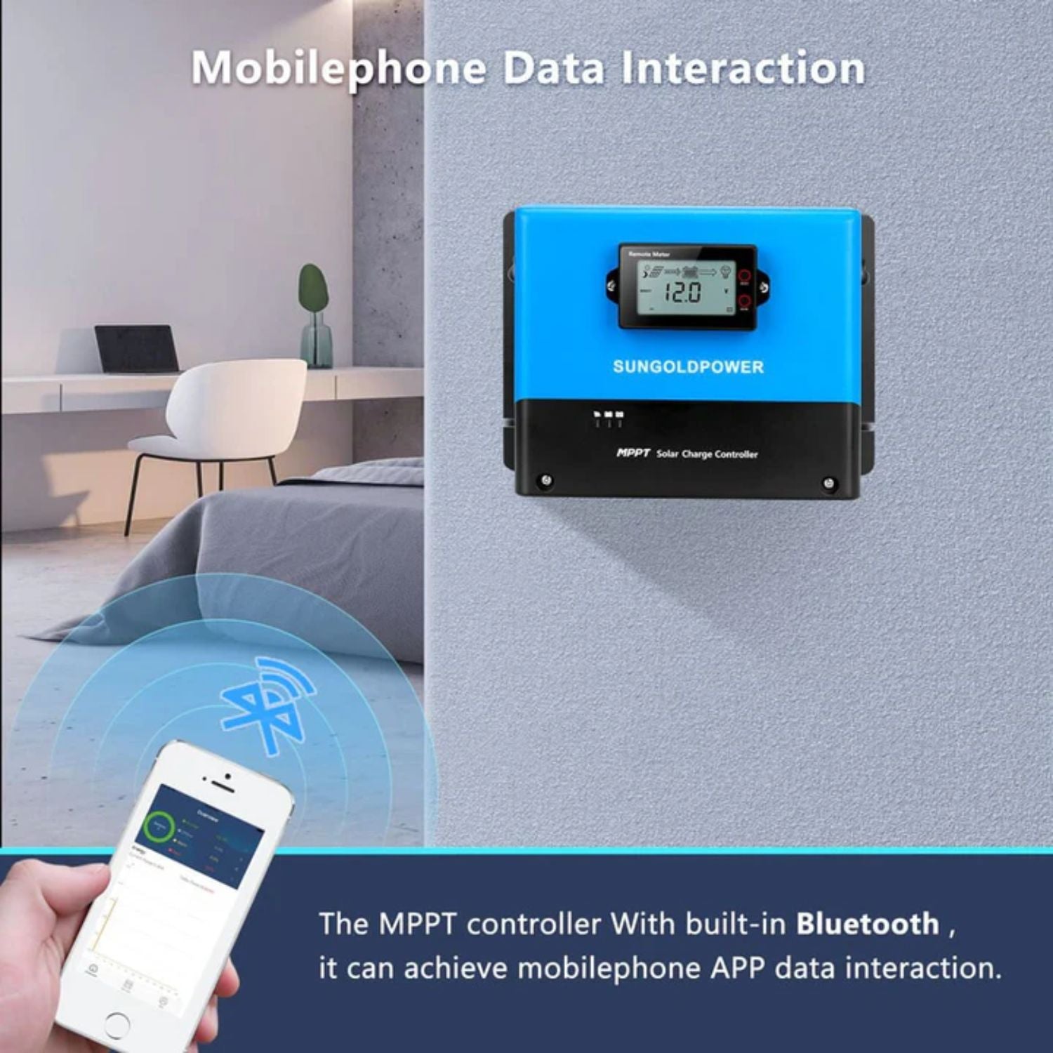 SunGold Power 100 Amp MPPT Solar Charge Controller mobile phone data interaction