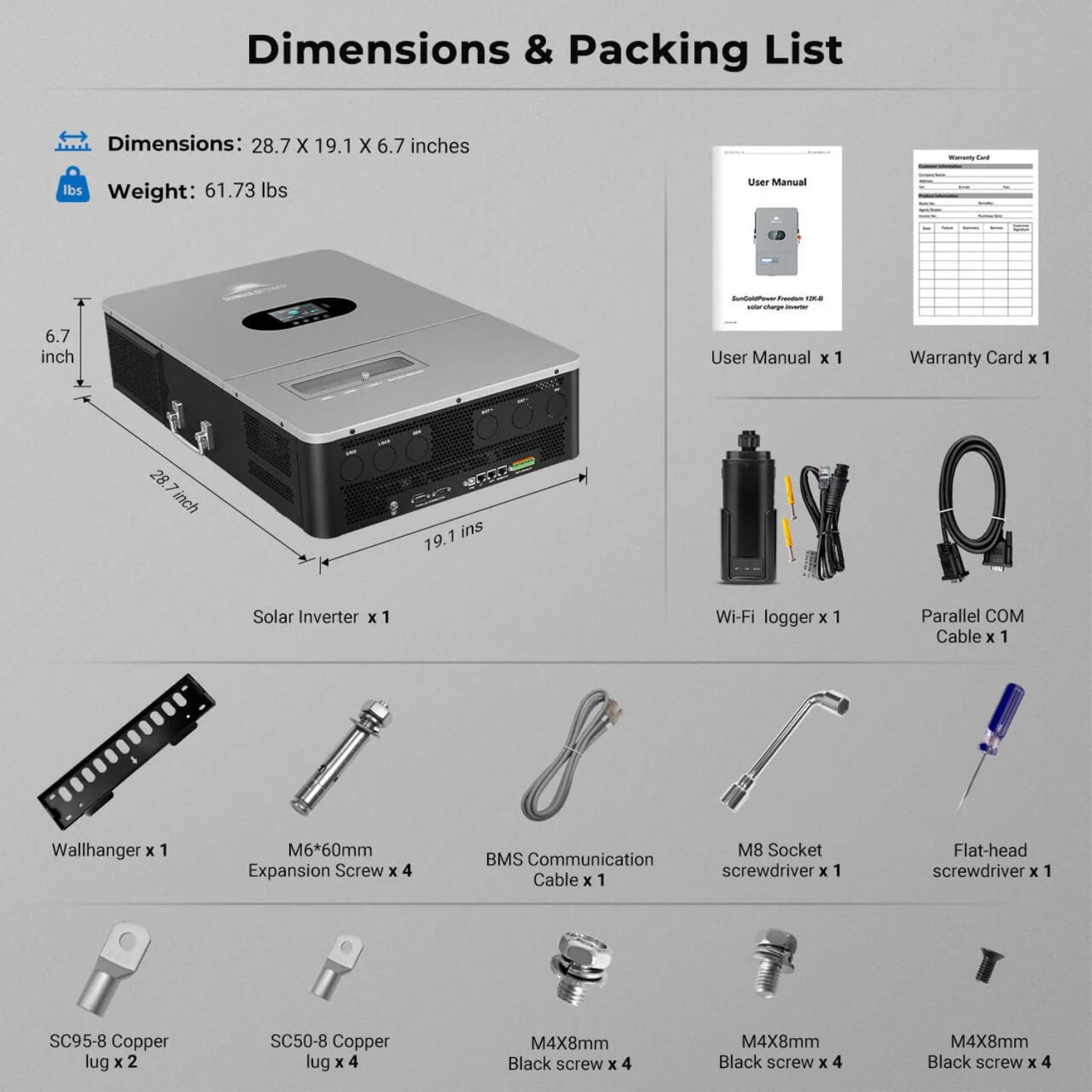 SunGold Power 12KW All in One Off Grid Solar Inverter FR12K-B - Dimensions