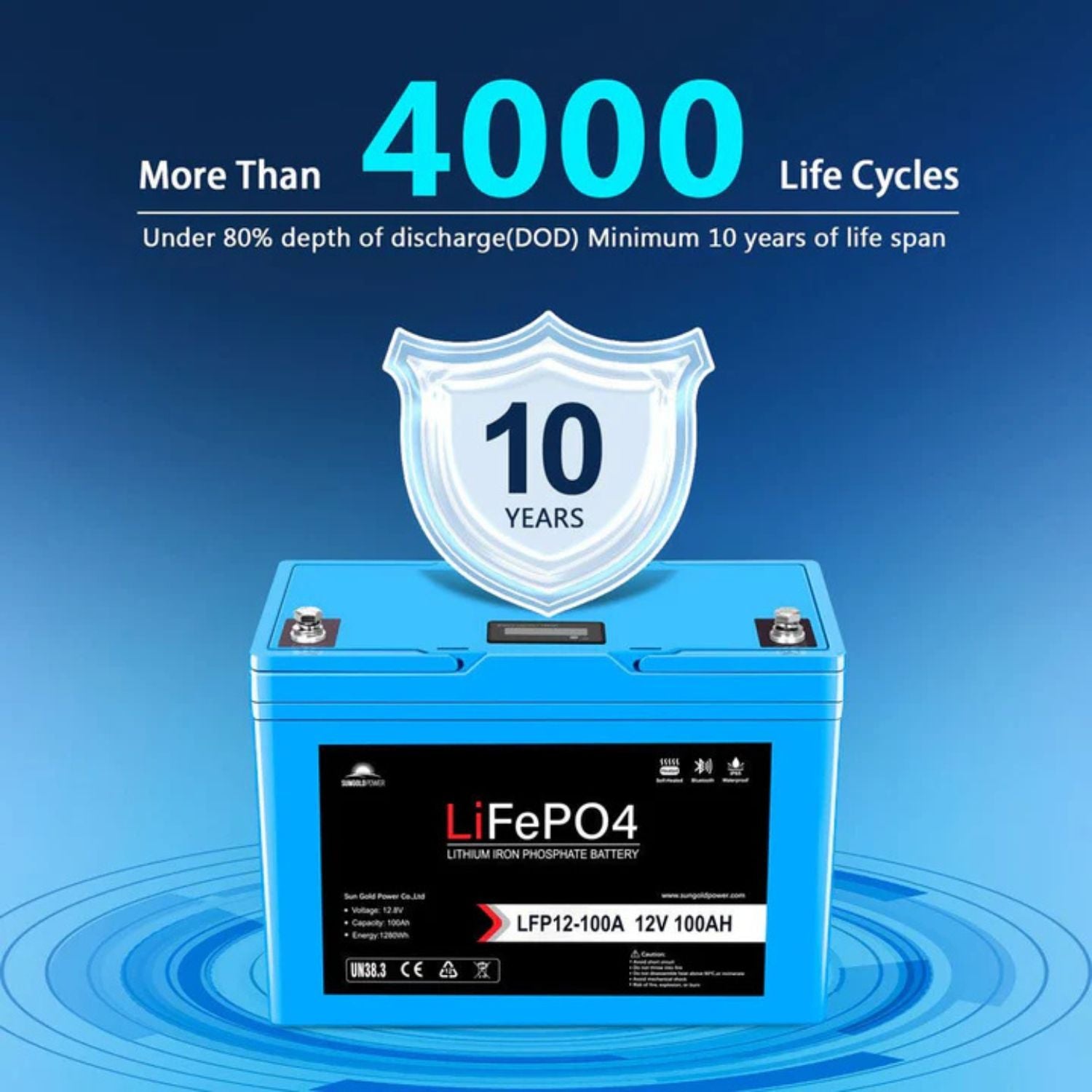 SunGold Power 12V 100AH LiFePO4 Deep Cycle Lithium Battery 4000 Life Cycles