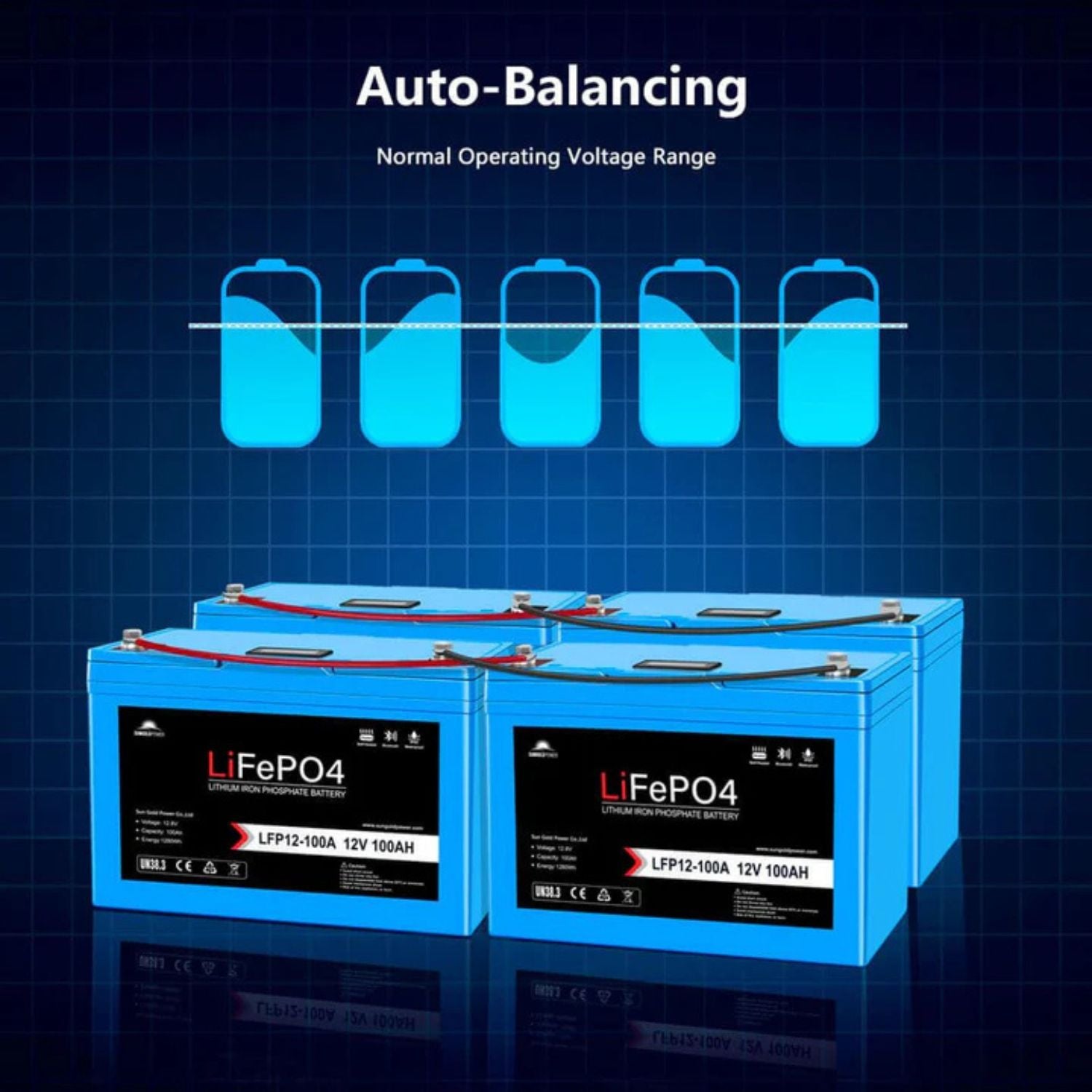 SunGold Power 12V 100AH LiFePO4 Deep Cycle Lithium Battery Auto Balancing