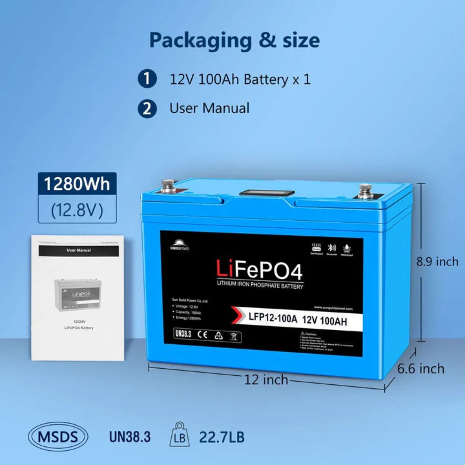 SunGold Power 12V 100AH LiFePO4 Deep Cycle Lithium Battery Auto Balancing Packaging and size