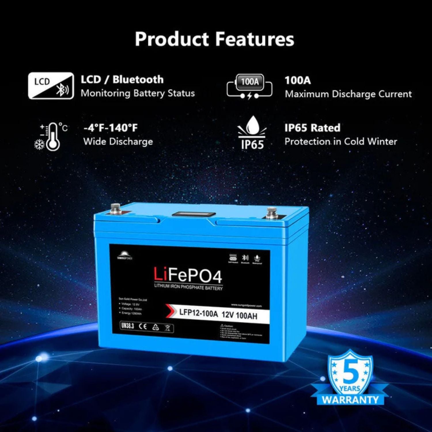SunGold Power 12V 100AH LiFePO4 Deep Cycle Lithium Battery Features