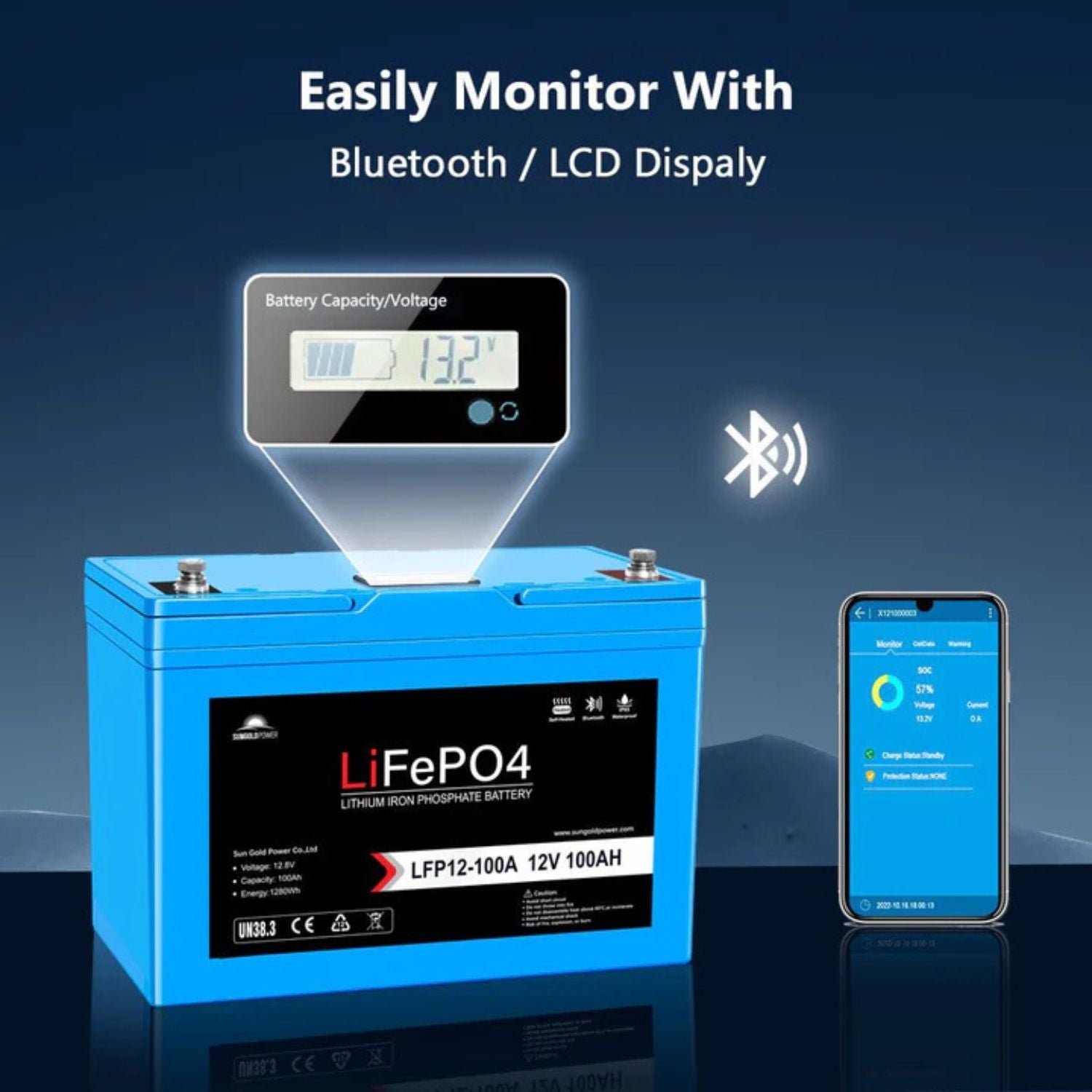 SunGold Power 12V 100AH LiFePO4 Deep Cycle Lithium Battery Monitor