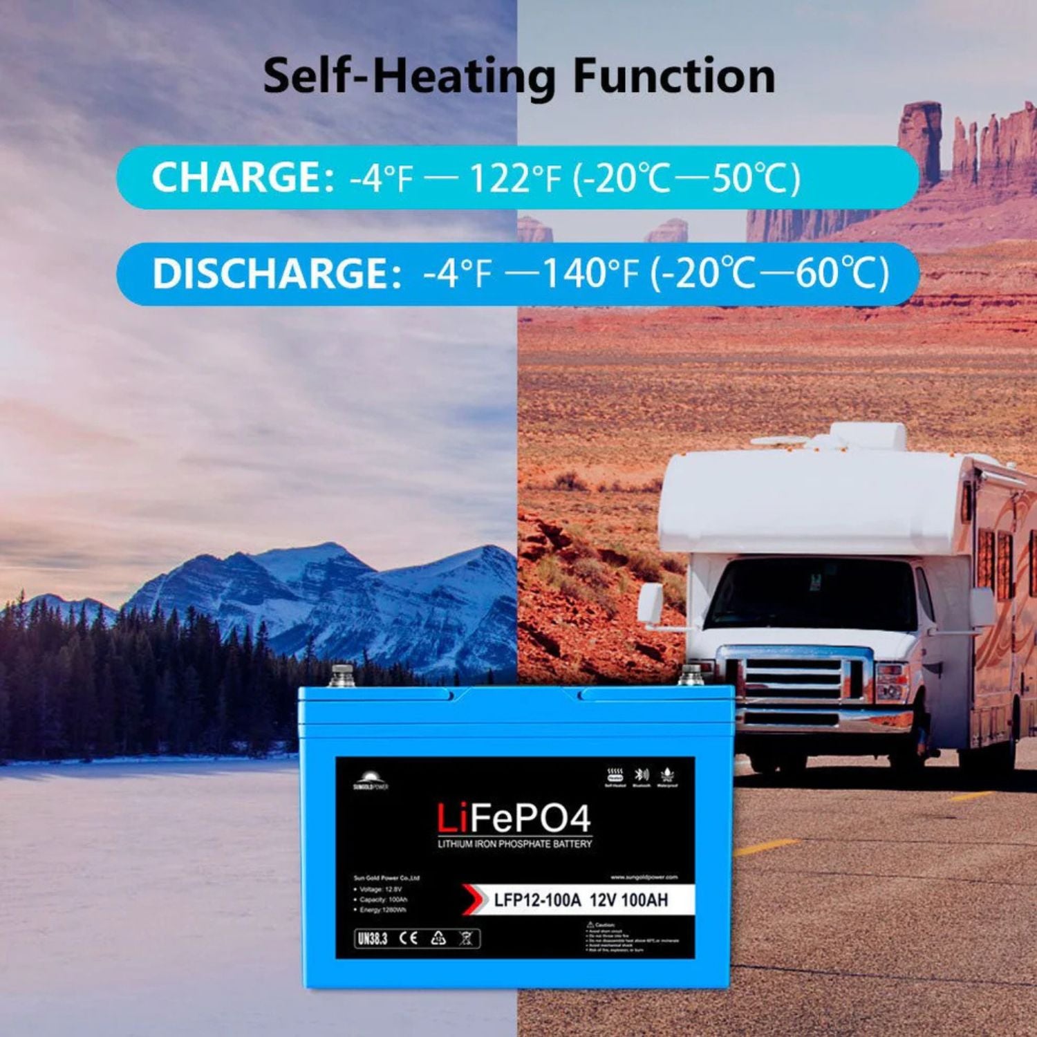 SunGold Power 12V 100AH LiFePO4 Deep Cycle Lithium Battery Self Heating Function