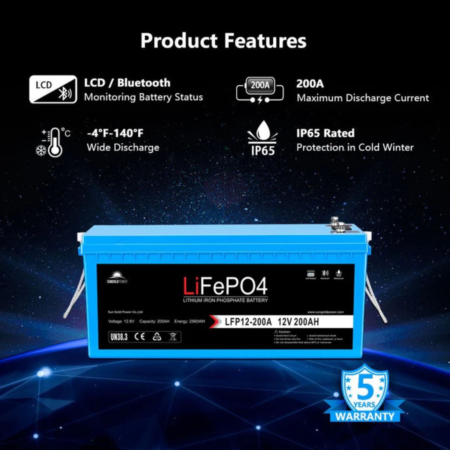 SunGold Power 12V 200Ah LiFePo4 Deep Cycle Lithium Battery Features