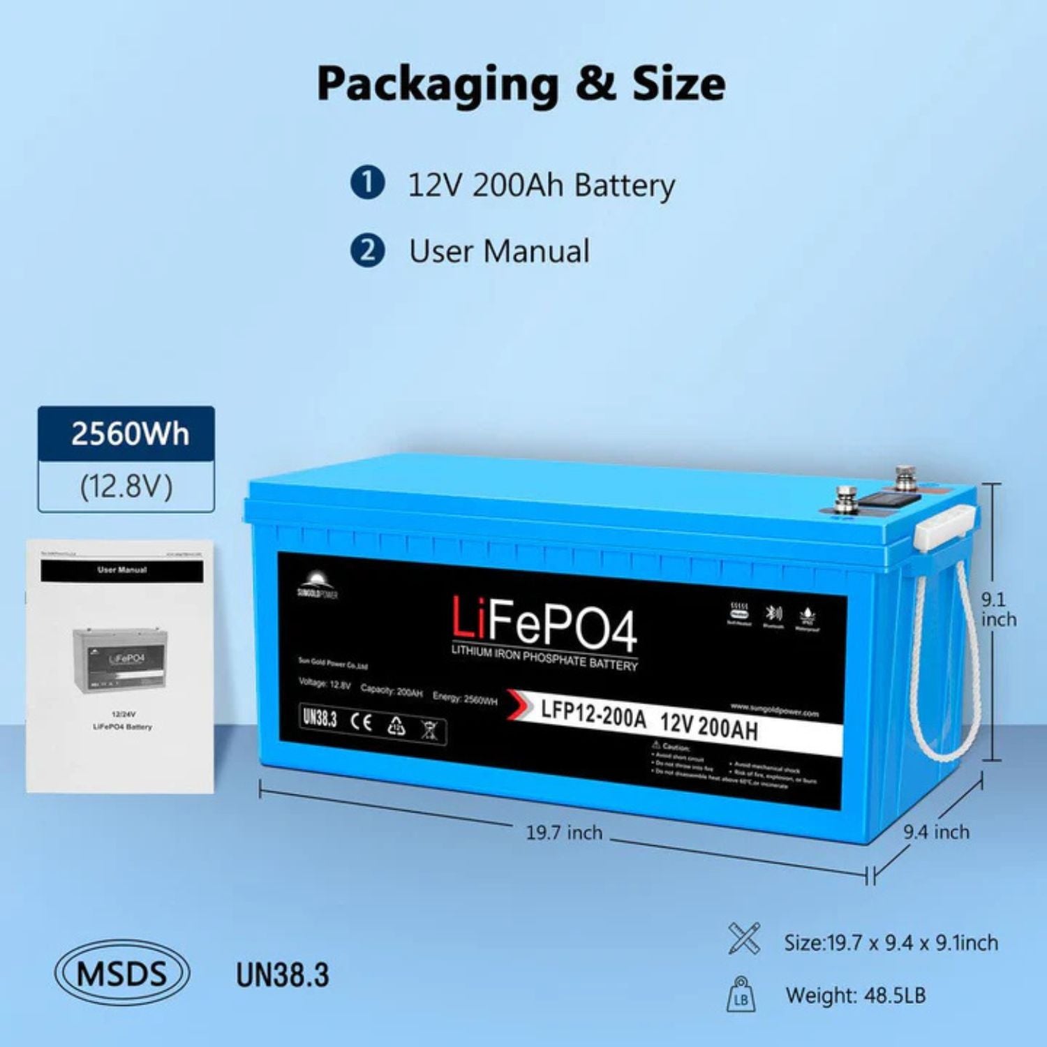 SunGold Power 12V 200Ah LiFePo4 Deep Cycle Lithium Battery Packaging and size