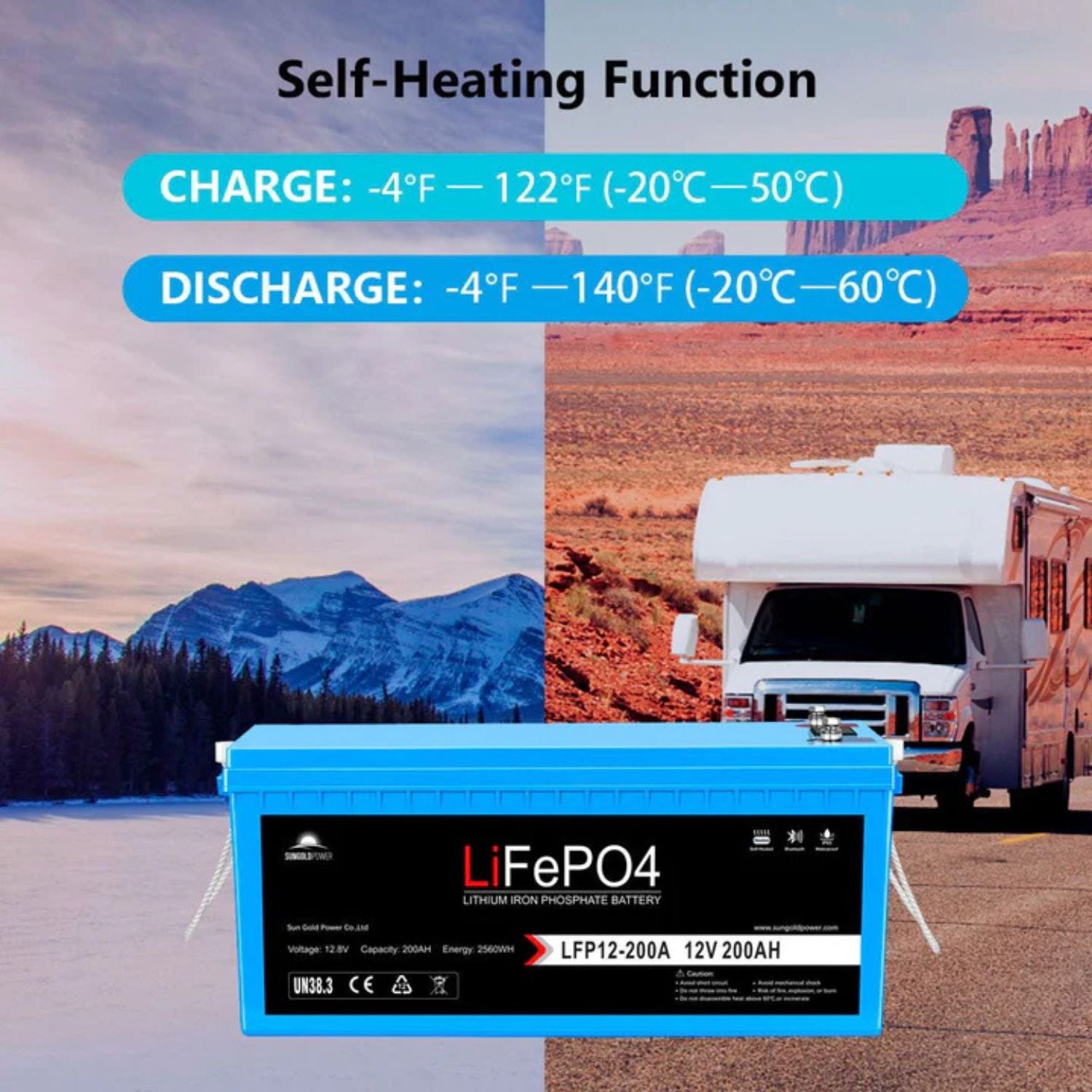 SunGold Power 12V 200Ah LiFePo4 Deep Cycle Lithium Battery Self Heating Functions