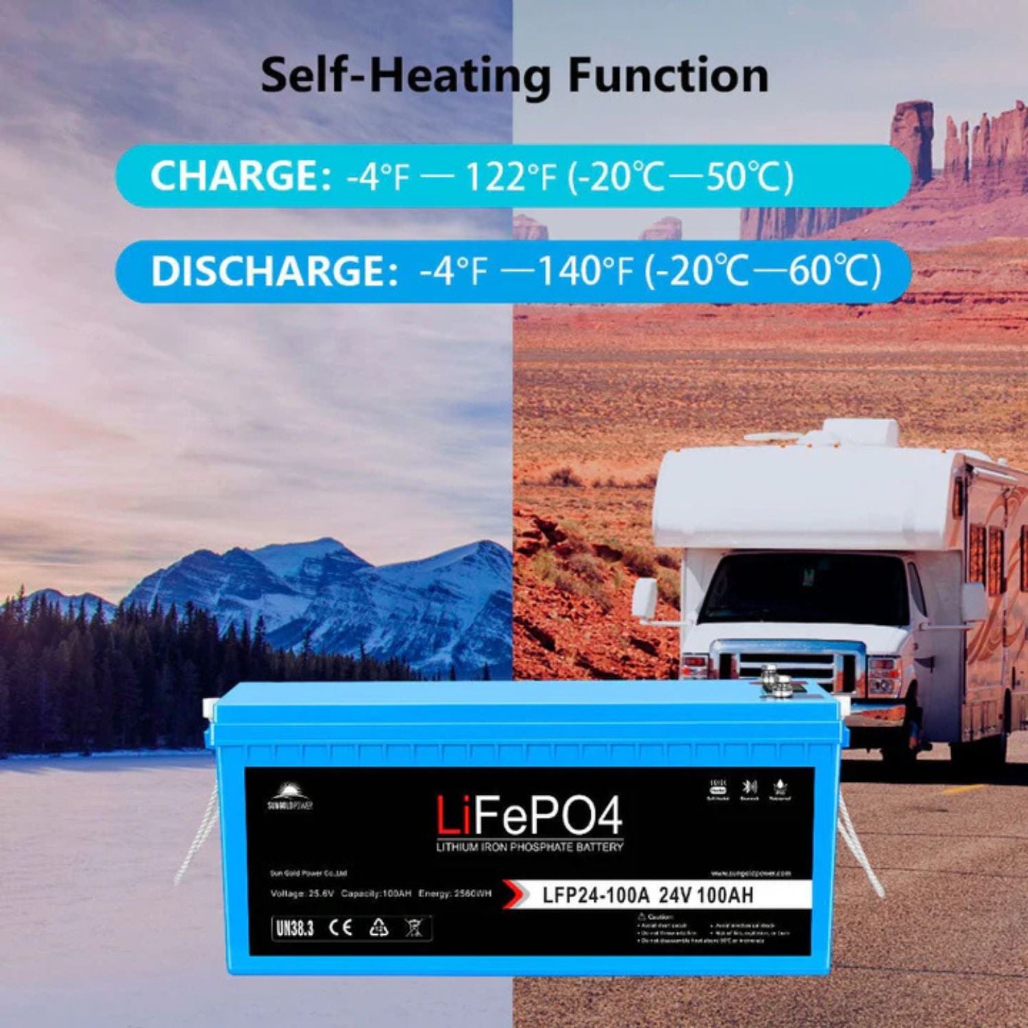 SunGold Power 24V 100Ah LiFePo4 Deep Cycle Lithium Battery Self Heating Function