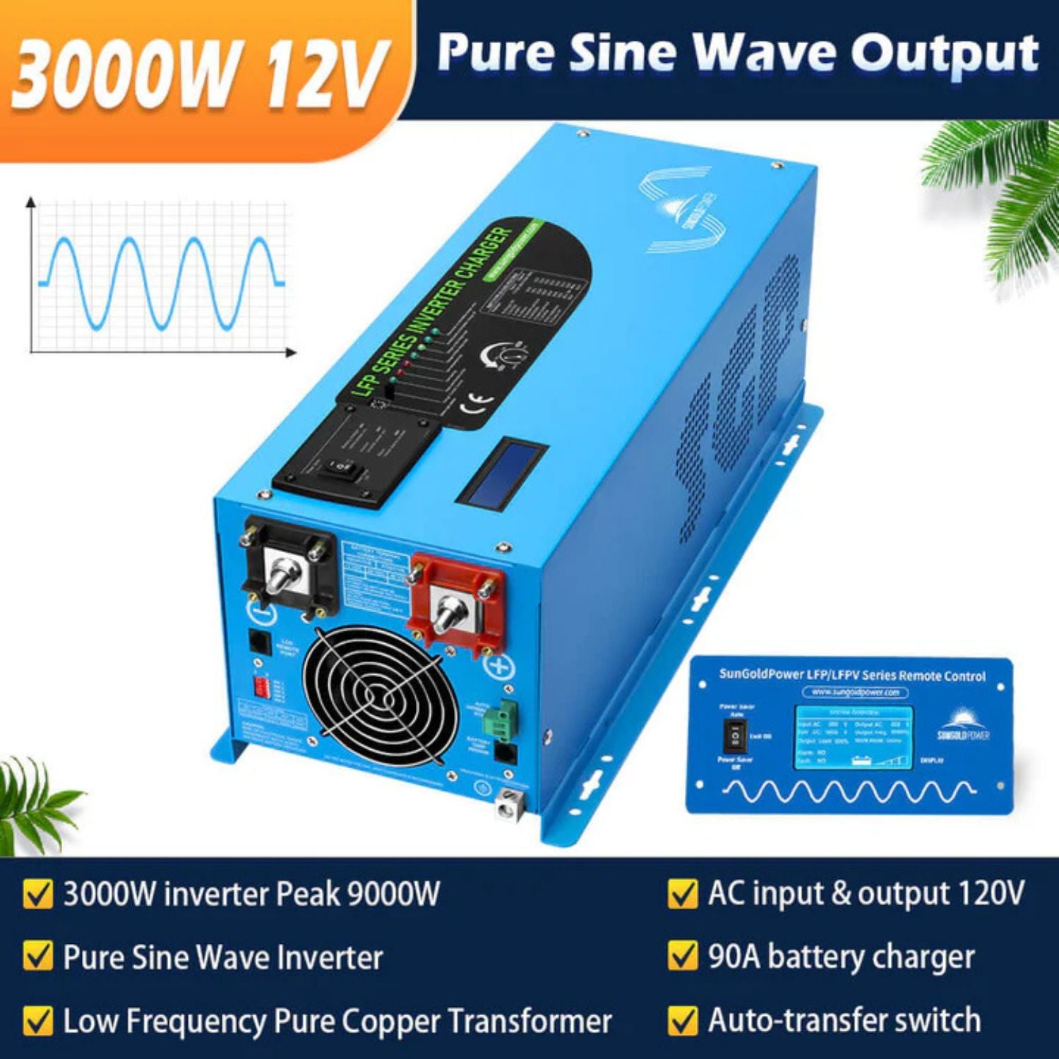 SunGold Power 3000W Inverter 12VDC Off Grid Solar Kit - Pure Sine wave Ouput