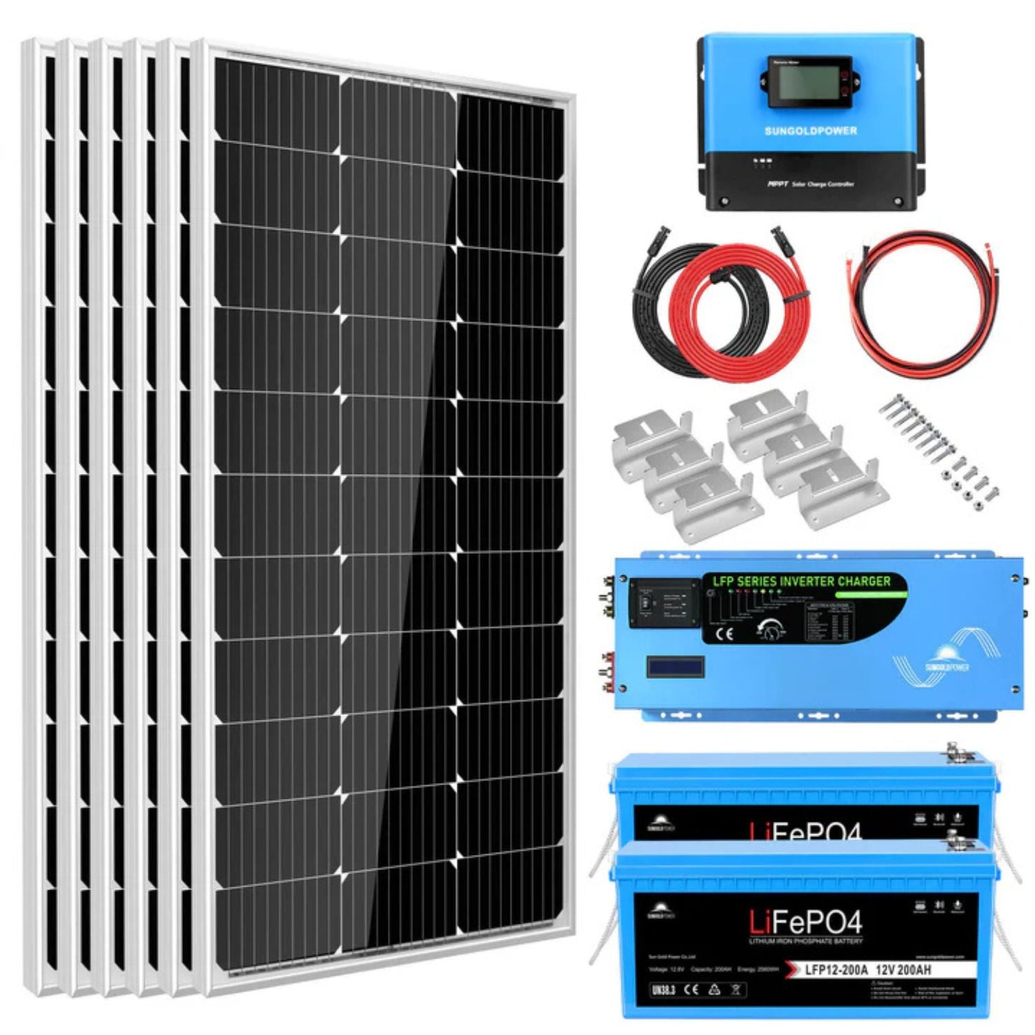 SunGold Power 3000W Inverter 12VDC Off Grid Solar Kit Solar Panel - 2 x 200AH Lithium Battery