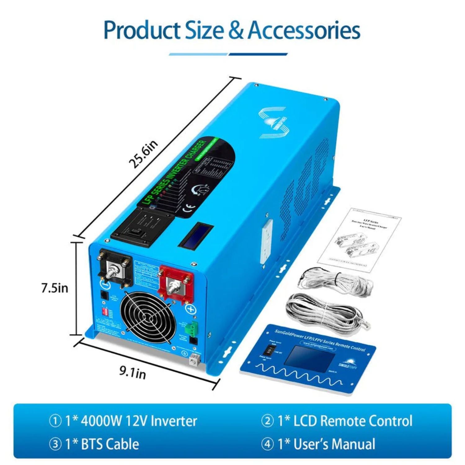 SunGold Power 4000W DC 12V Pure Sine Wave Inverter With Charger dimension