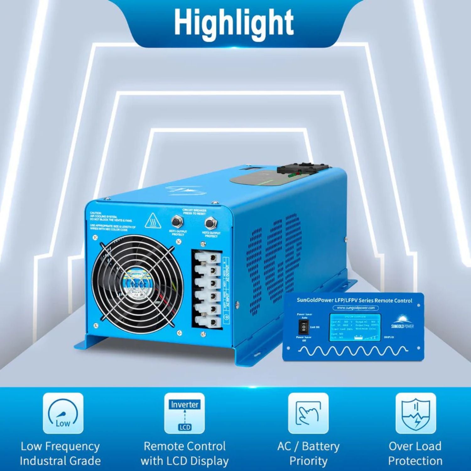 SunGold Power 4000W DC 12V Split Phase Pure Sine Wave Inverter With Charger - Highlight 