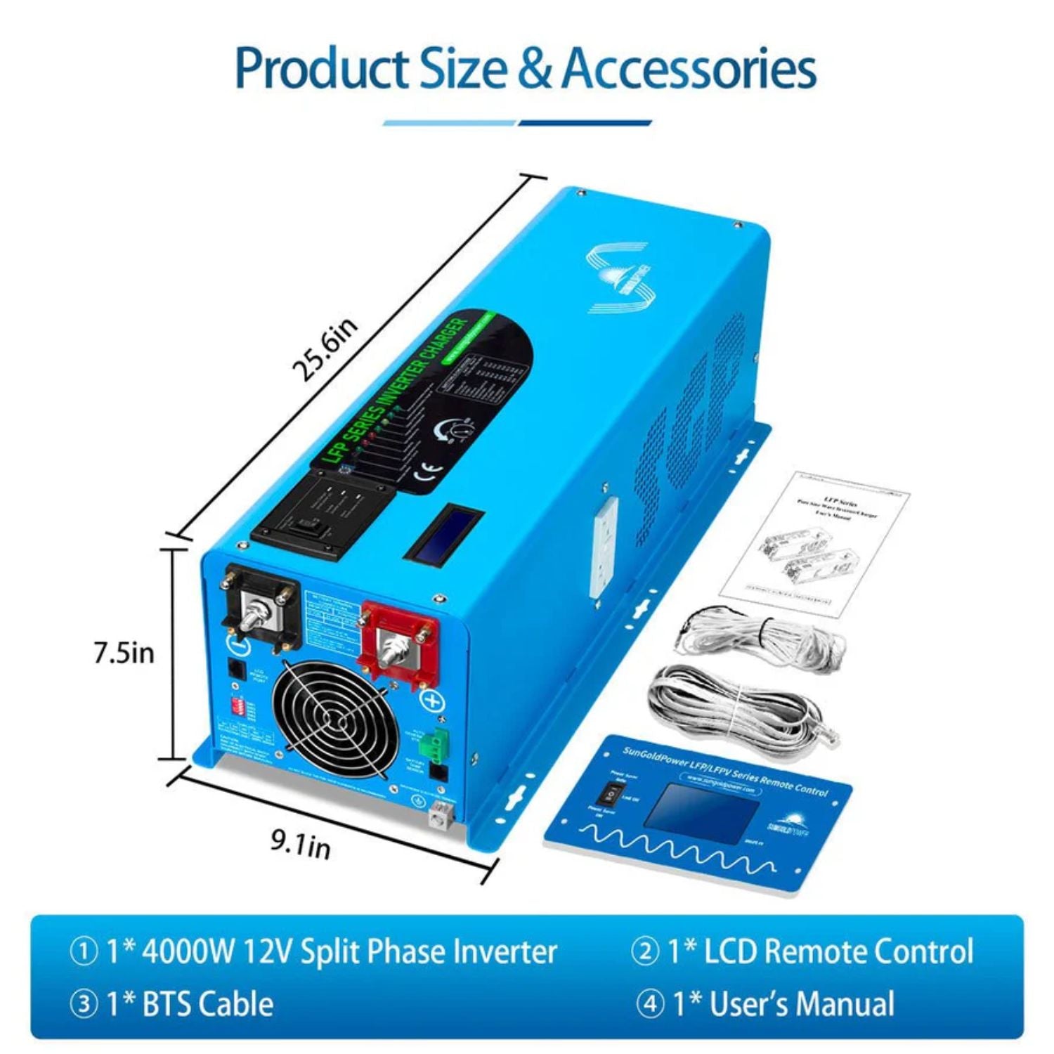 SunGold Power 4000W DC 12V Split Phase Pure Sine Wave Inverter With Charger dimension