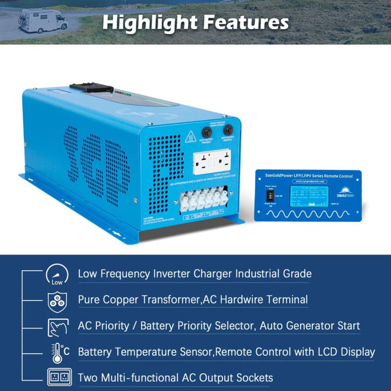 SunGold Power 4000W DC 24V Split Phase Pure Sine Wave Inverter With Charger - Highlight Features