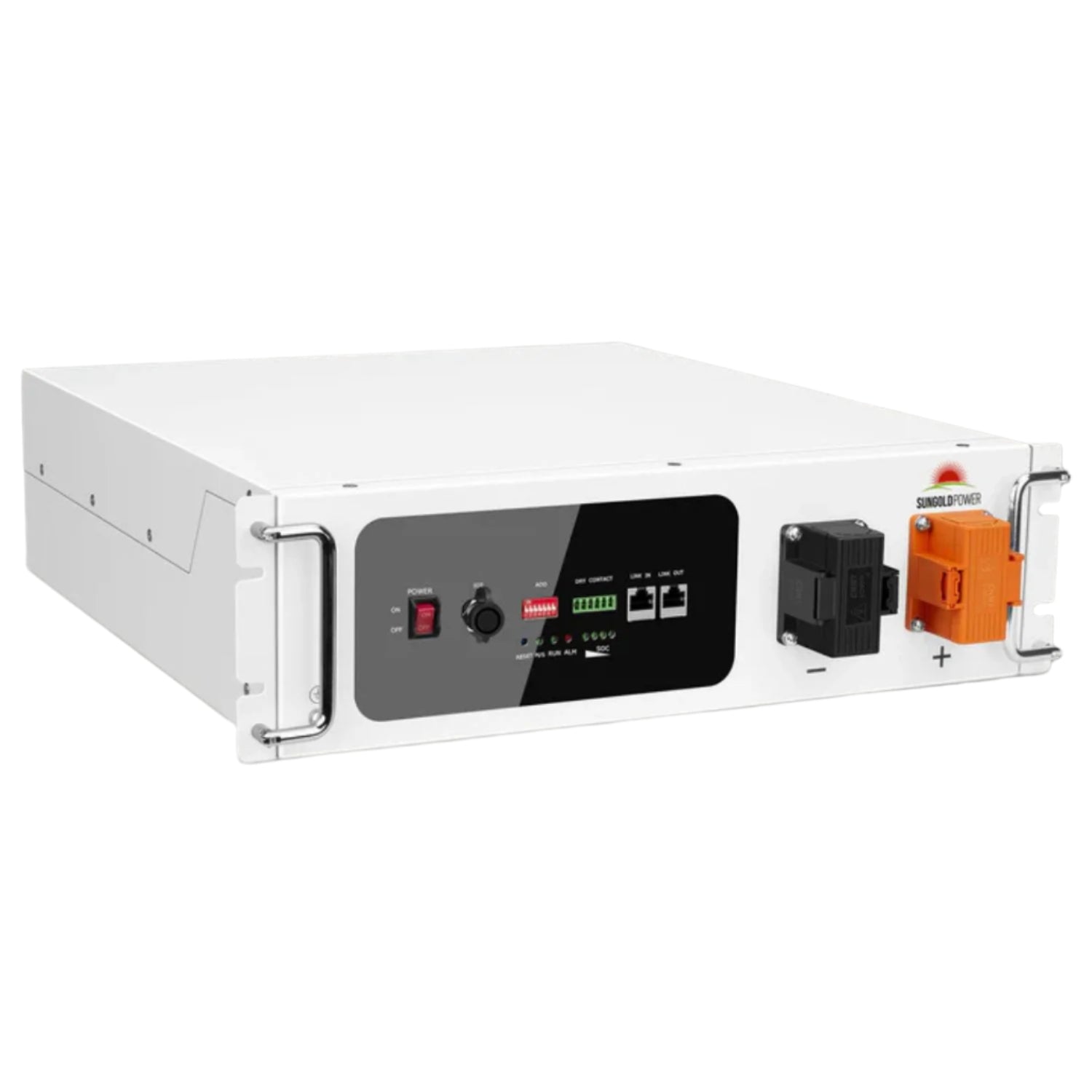 SunGold Power 48V 100AH Lithium Battery Self-Heating Server Rack Front Right View