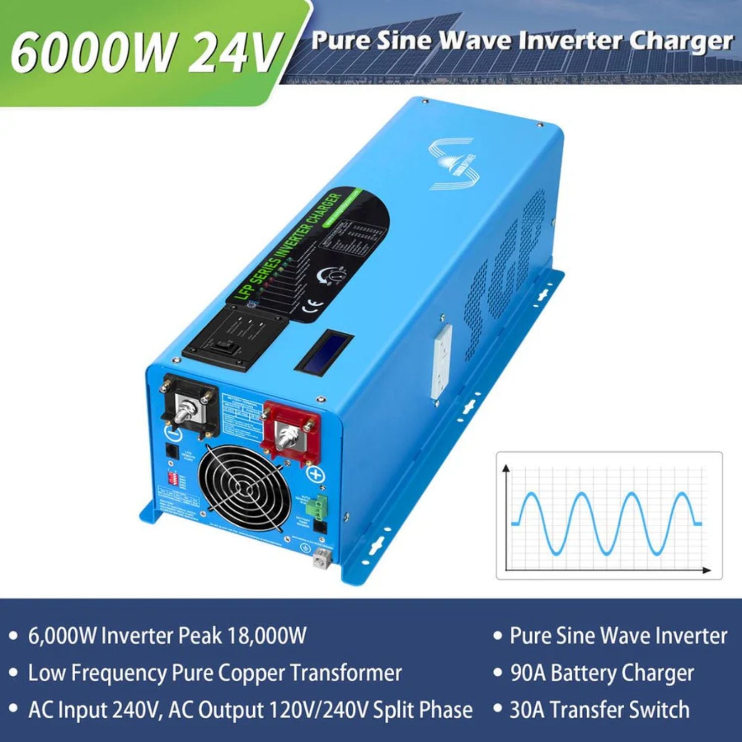 SunGold Power 6000W DC 24V Split Phase Pure Sine Wave Inverter With Charger - features