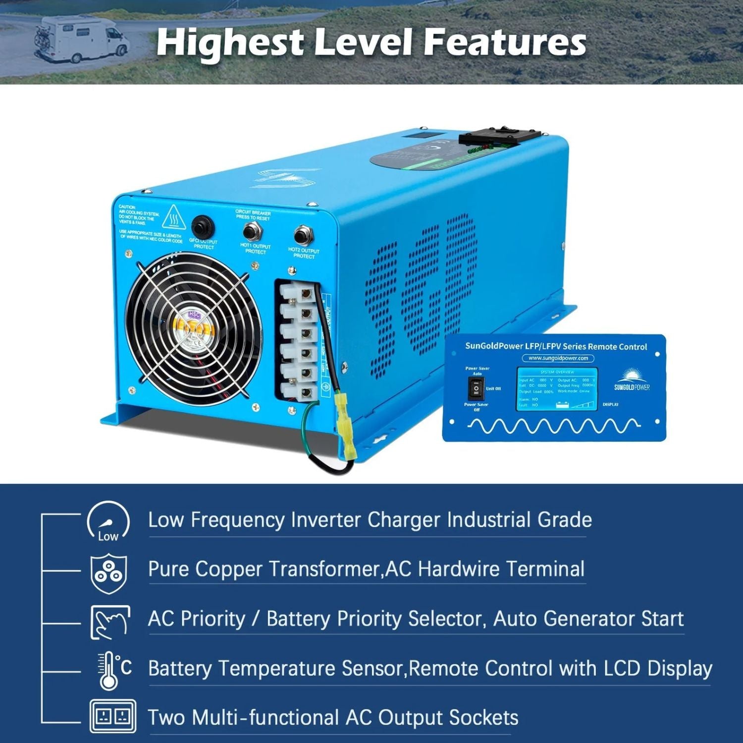 SunGold Power 6000W DC 48V Split Phase Pure Sine Wave Inverter With Charger - Highest level features