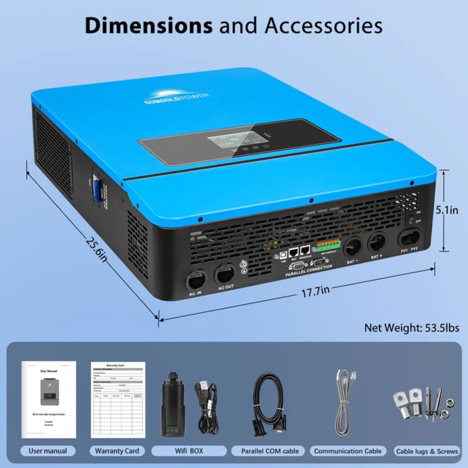 SunGold Power 8KW 48V Split Phase Solar Inverter Dimensions and accessories
