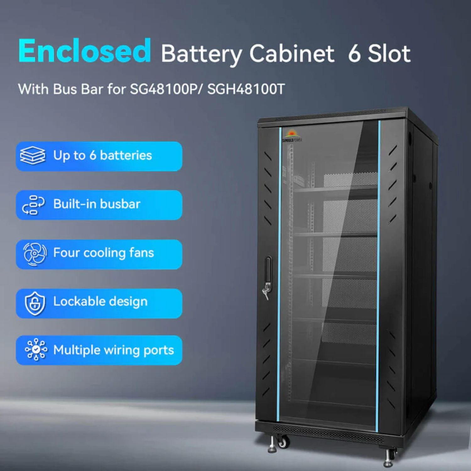 SunGold Power Enclosed Battery Cabinet 6 Slot with Bus Bar - Features