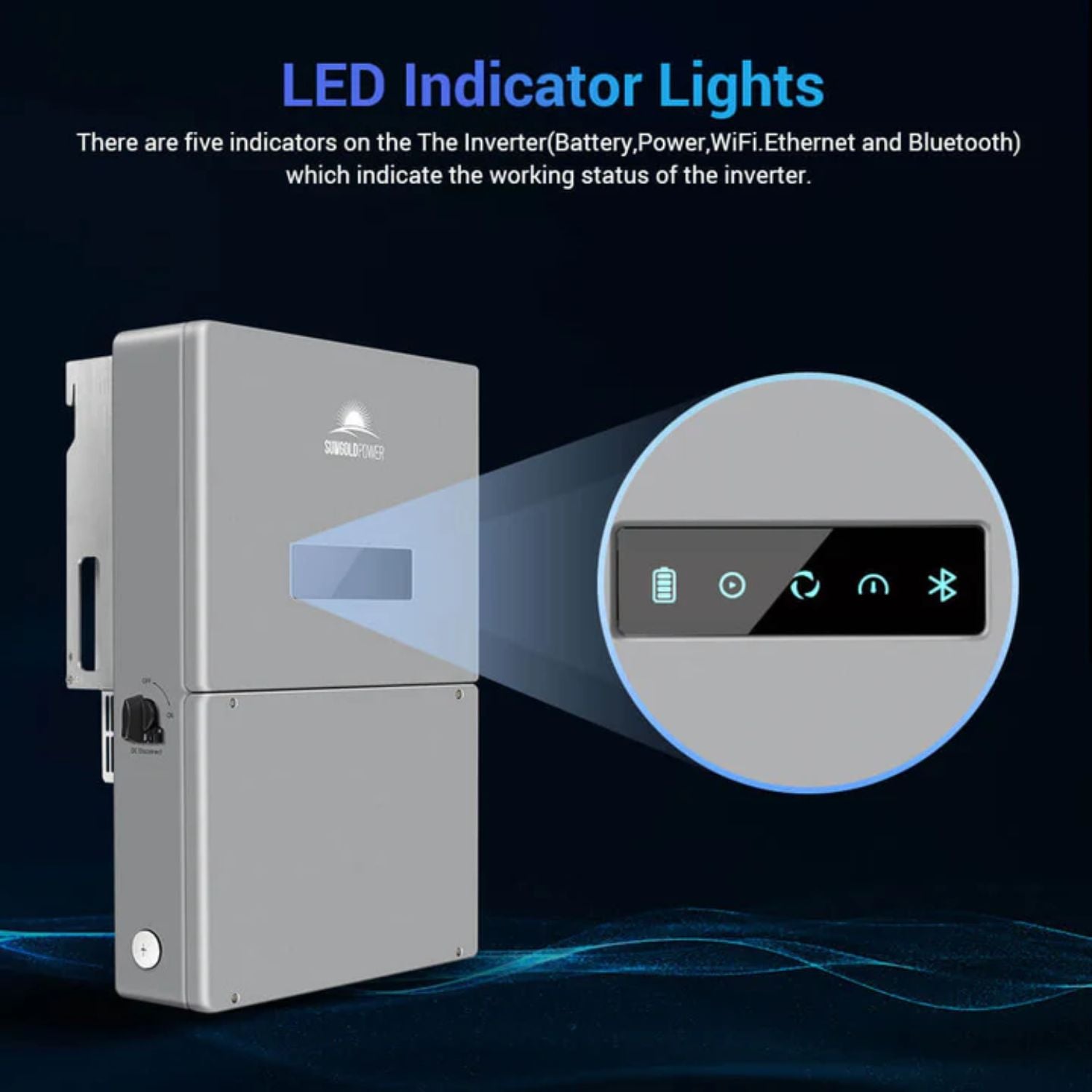 SunGold Power High Voltage 11.4KW Hybrid Split Phase Inverter LED Indicator Lights