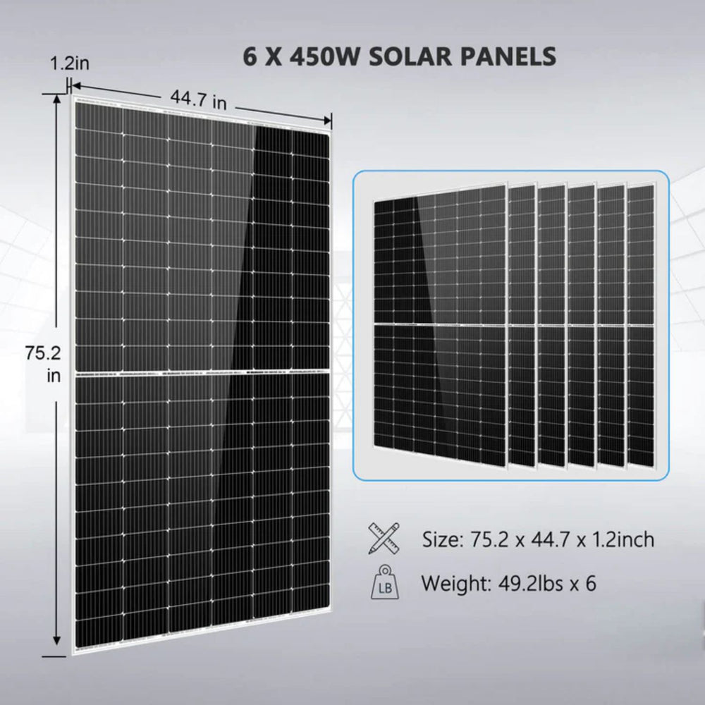 SunGold Power Solar Kit 5000W  6 x 450W solar panels with dimensions and weight information on a gray background
