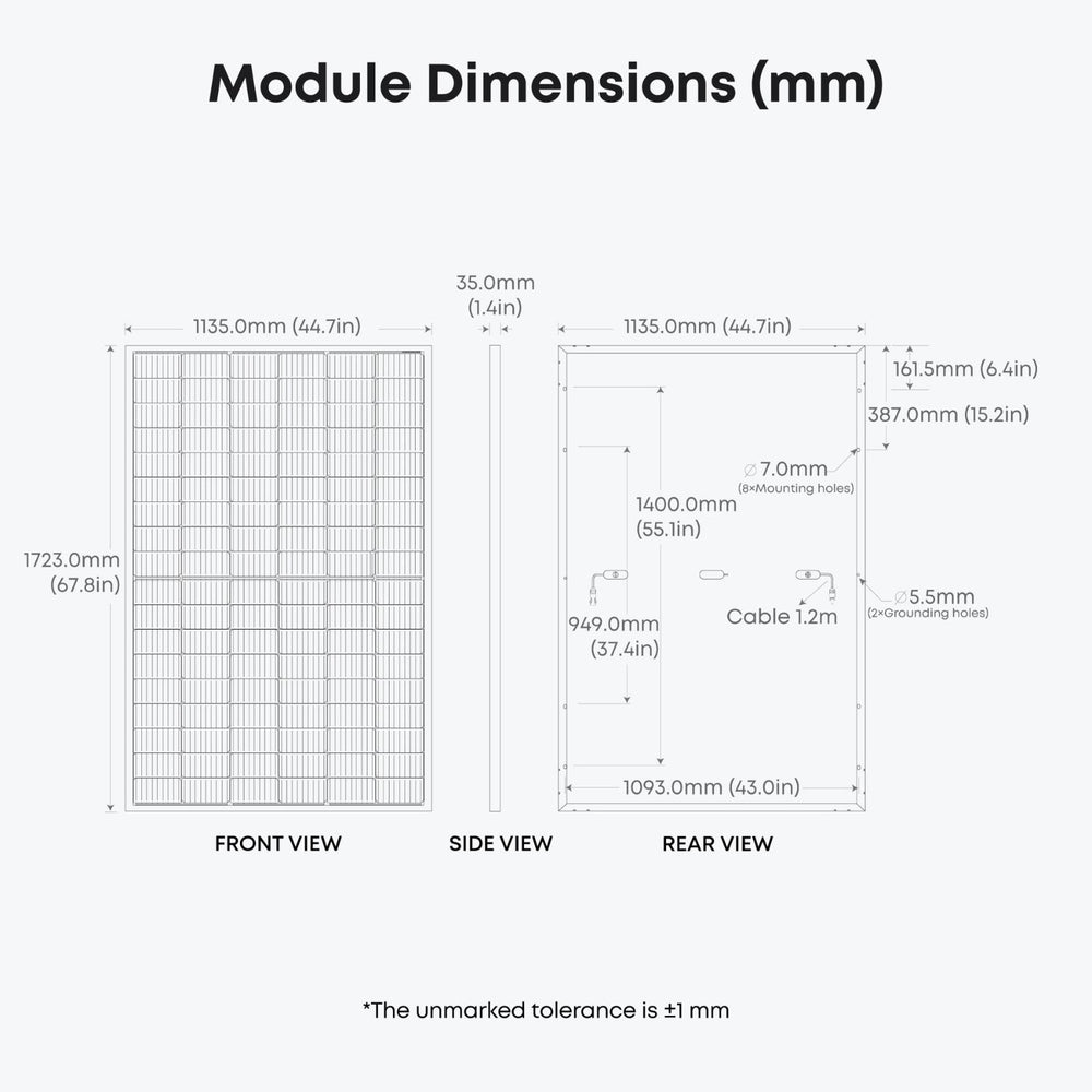Technical diagram showing the dimensions of a Anker 440W Rigid Solar Panel with front, side, and rear views.