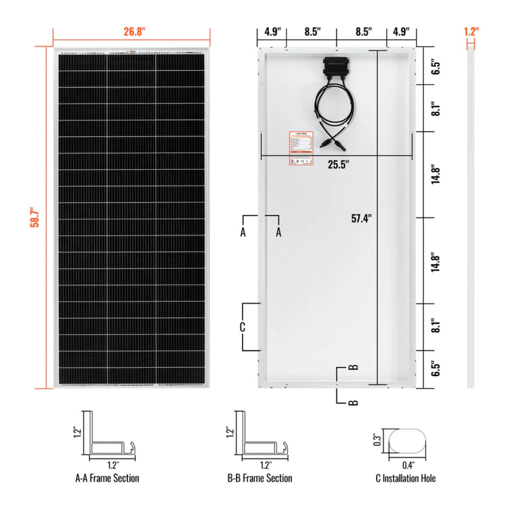 Technical drawing of a Rich Solar MEGA 200 PRO Solar Panel with dimensions and sections labeled.