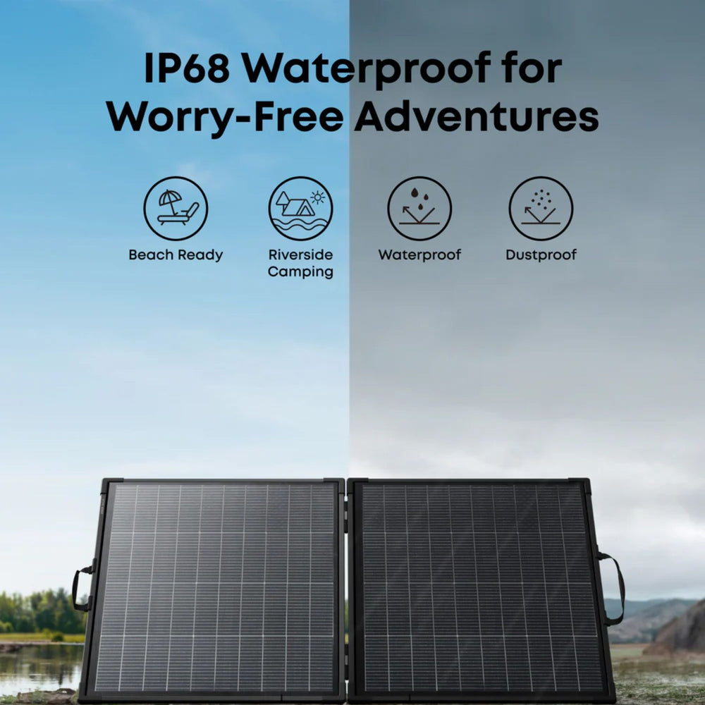 The Anker SOLIX PS200 is a foldable bifacial black solar panel shown outdoors against a split sky background, with large text reading 'IP68 Waterproof for Worry-Free Adventures