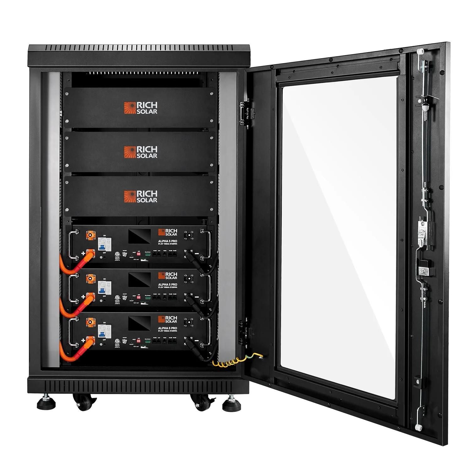 Three Rich Solar ALPHA 5 PRO 51.2V with open door server rack