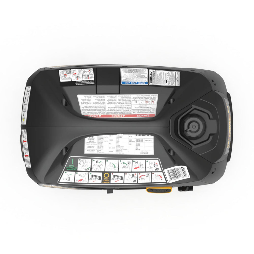 Top view of a Firman W01781 Generator with labels and control panel on a white background