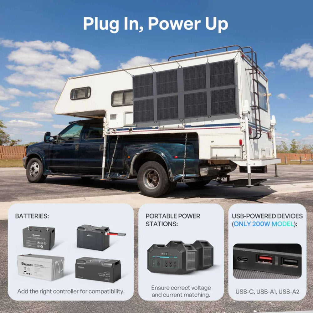 Truck with Renogy Solar Blanket 400W 200W Portable Solar Panel and power station on a clear day
