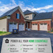 Two-story house with a driveway and garage, featuring aDuroMax XP16000iHT Tri-Fuel Generator  labeled 'Power All Your Home Essentials'.