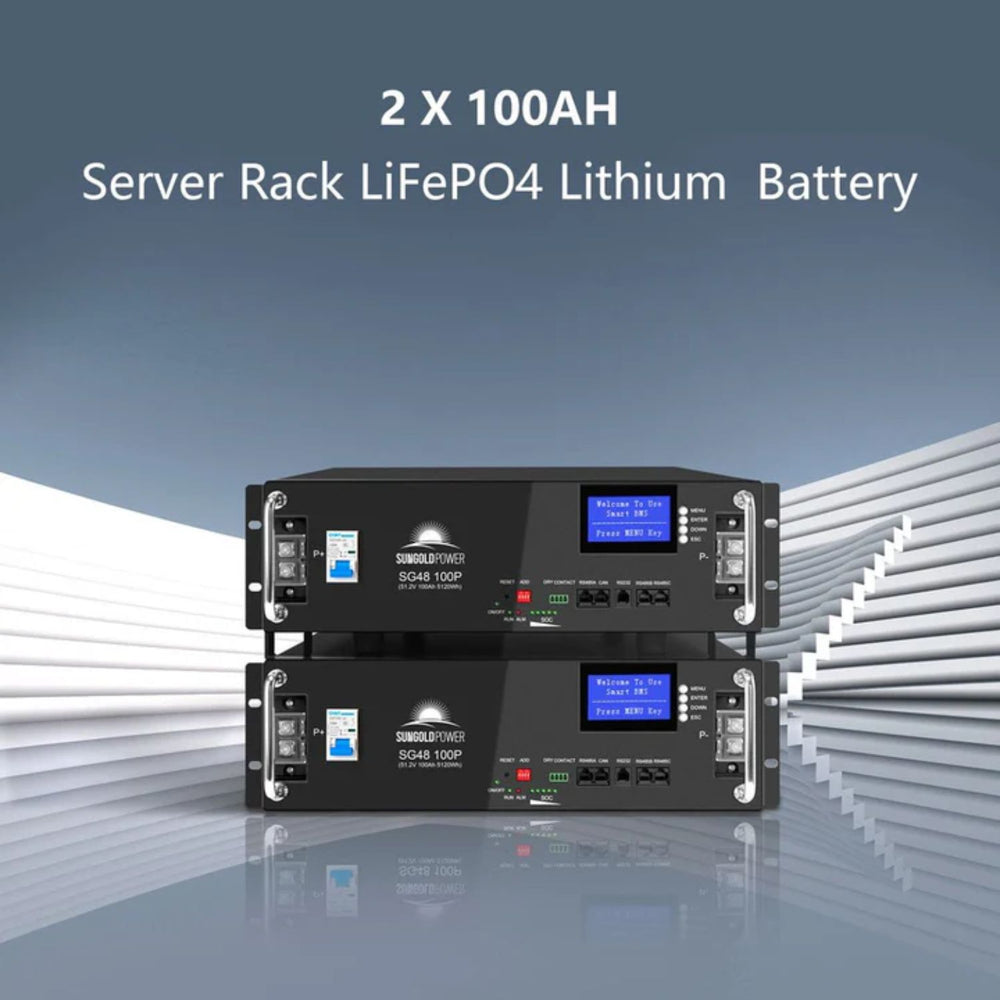 Two 100AH Server Rack LiFePO4 Lithium Batteries on a reflective surface with a gradient blue background.