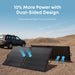 Two Anker SOLIX Bifacial 200 Watt  foldable solar panels set in a desert landscape with a vehicle in the background, under the text '10% More Power with Dual-Sided Design'