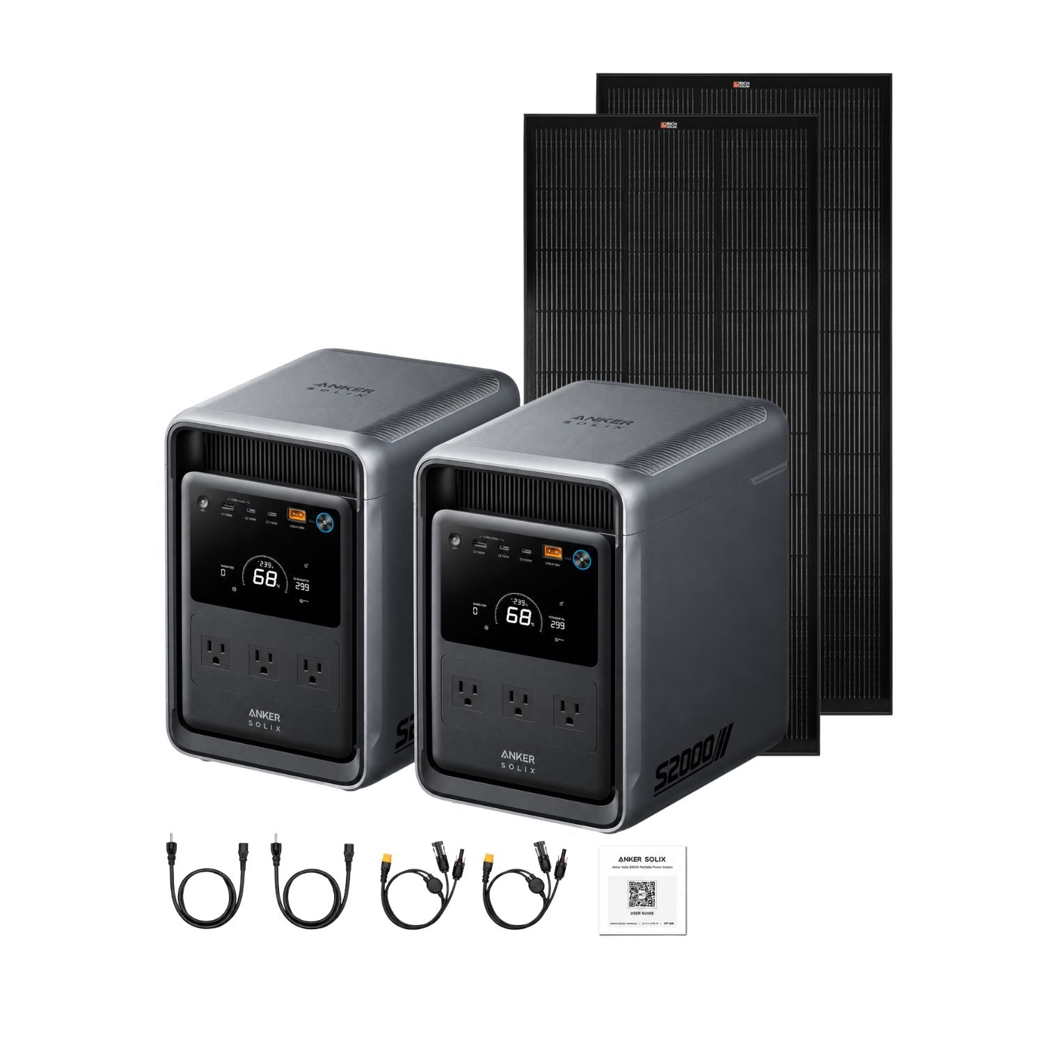 Two Anker SOLIX S2000 Power Stations With Two 200 Watt Rigid Solar Panels and with inclusions