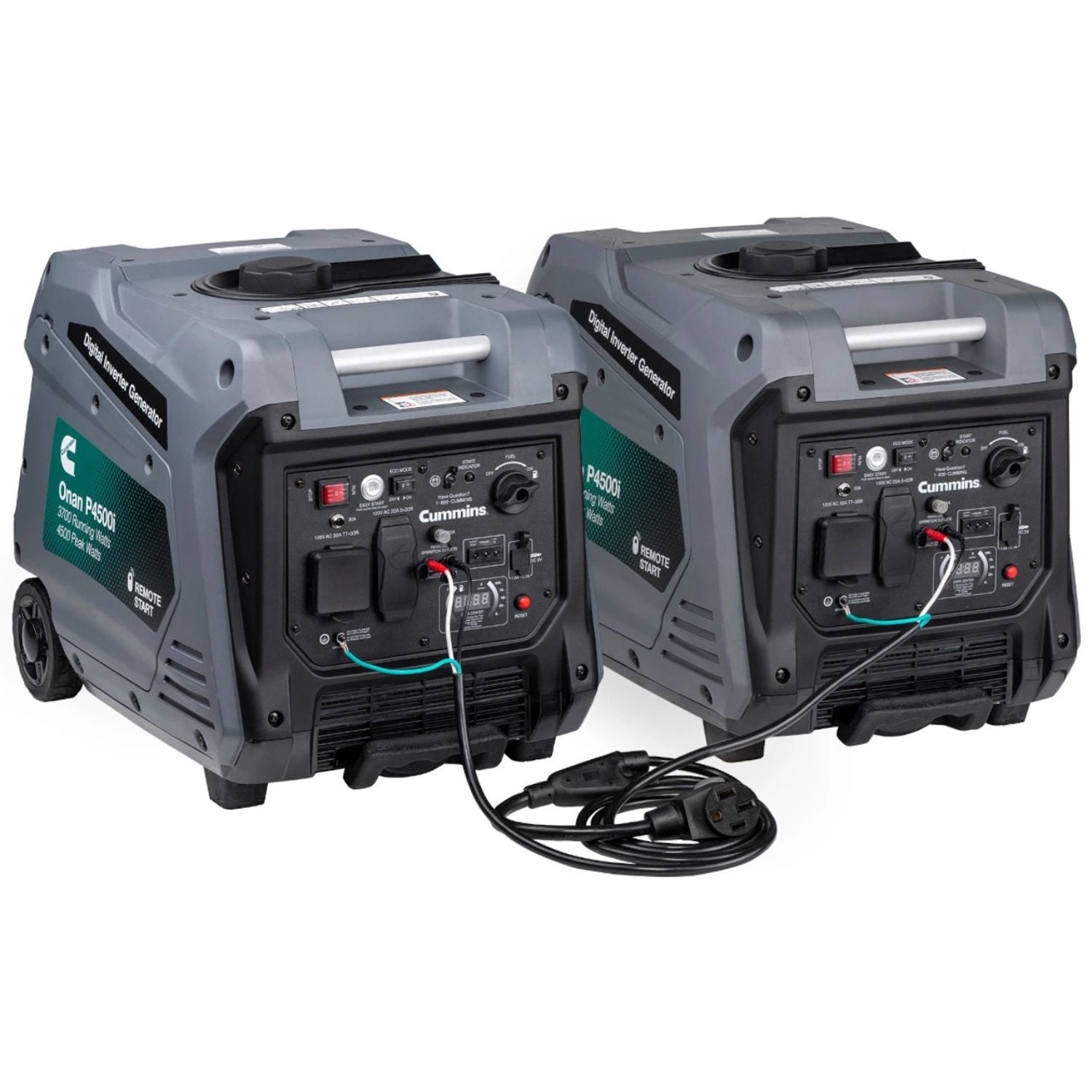 Two Cummins Onan P4500iDF generators connected with the 50A Parallel Kit